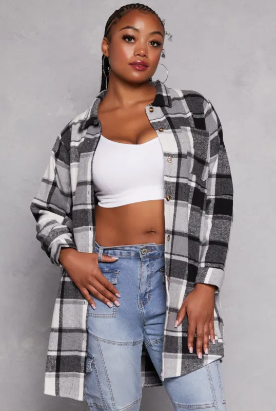 Plus Size Flannel Button Front Long Shacket sold by Rainbow