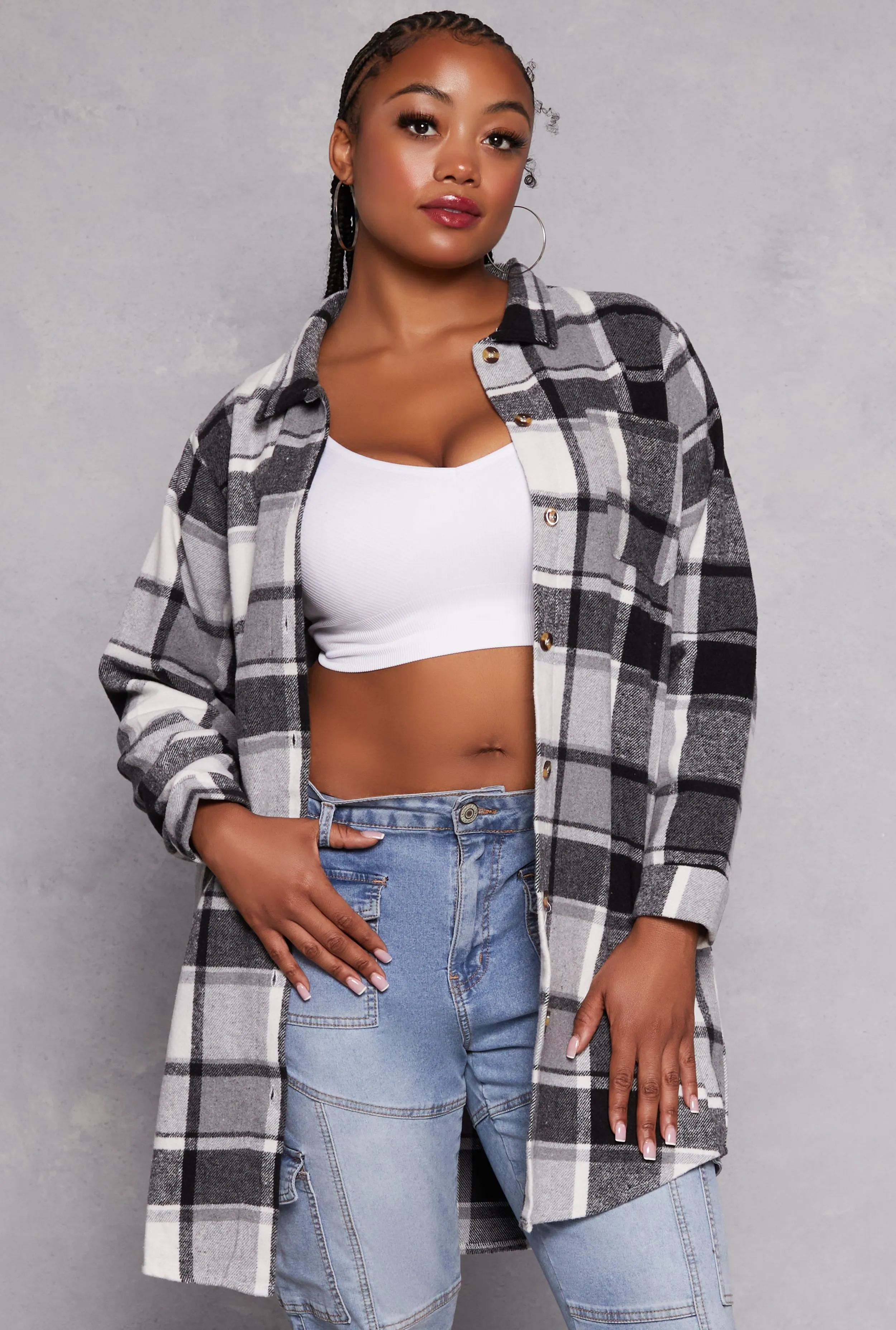 Plus Size Flannel Button Front Long Shacket sold by Rainbow