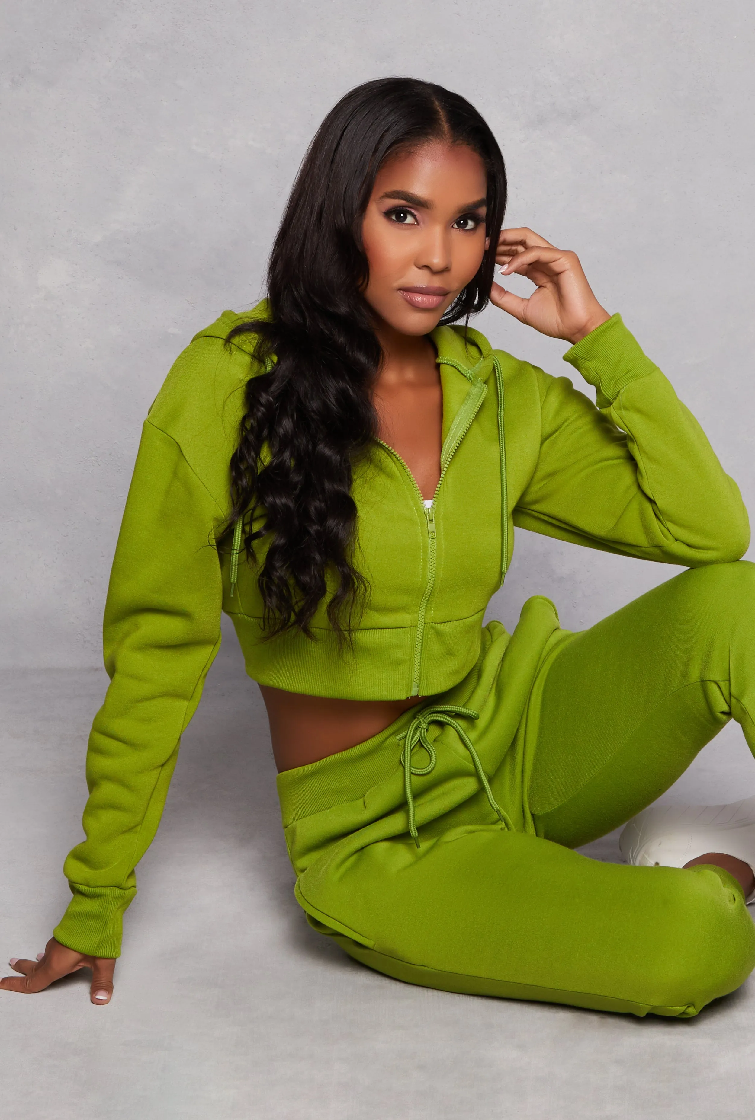 Fleece Solid Cropped Zip Front Hoodie sold by Rainbow