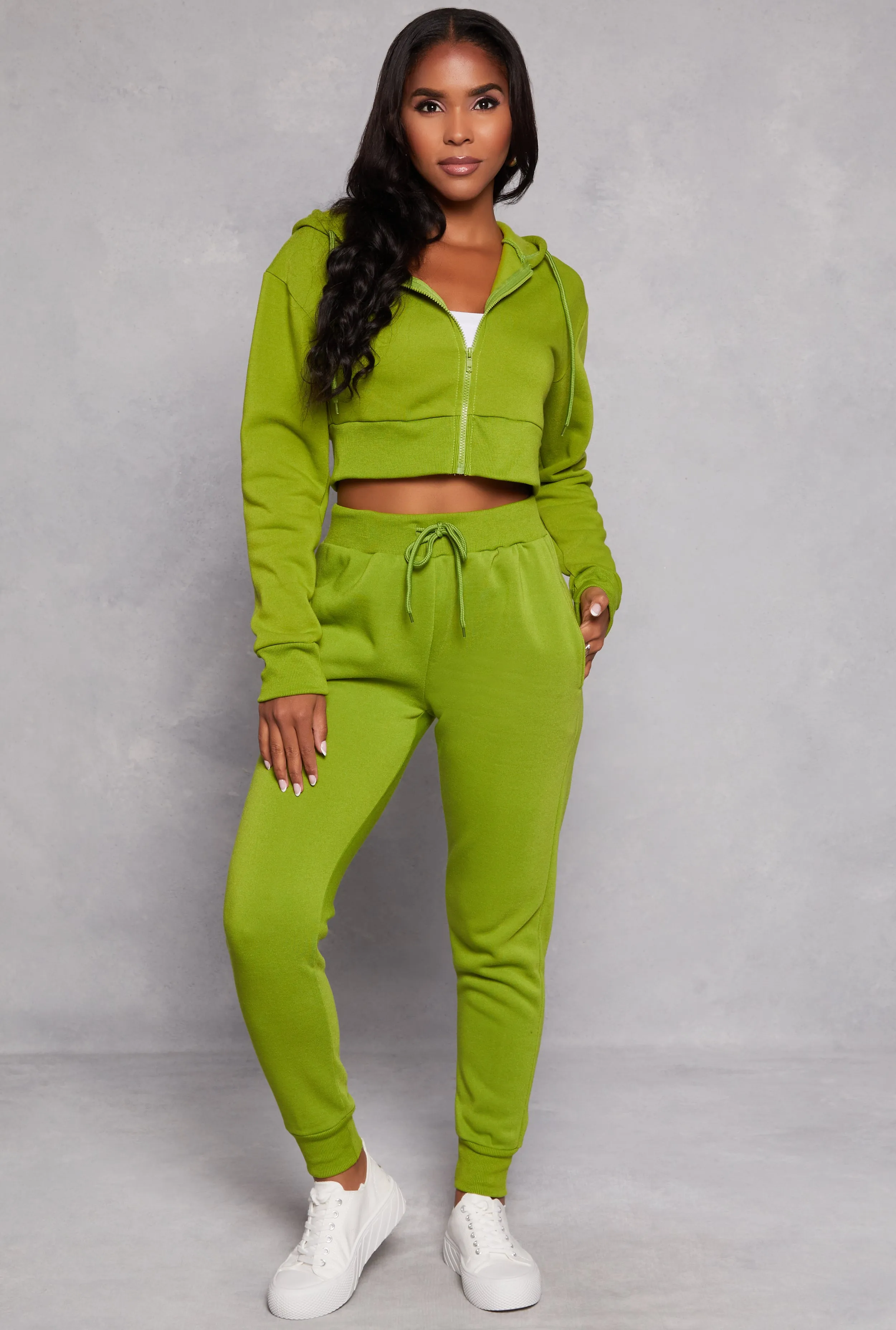 Fleece Solid Cropped Zip Front Hoodie sold by Rainbow product image thumbnail 2