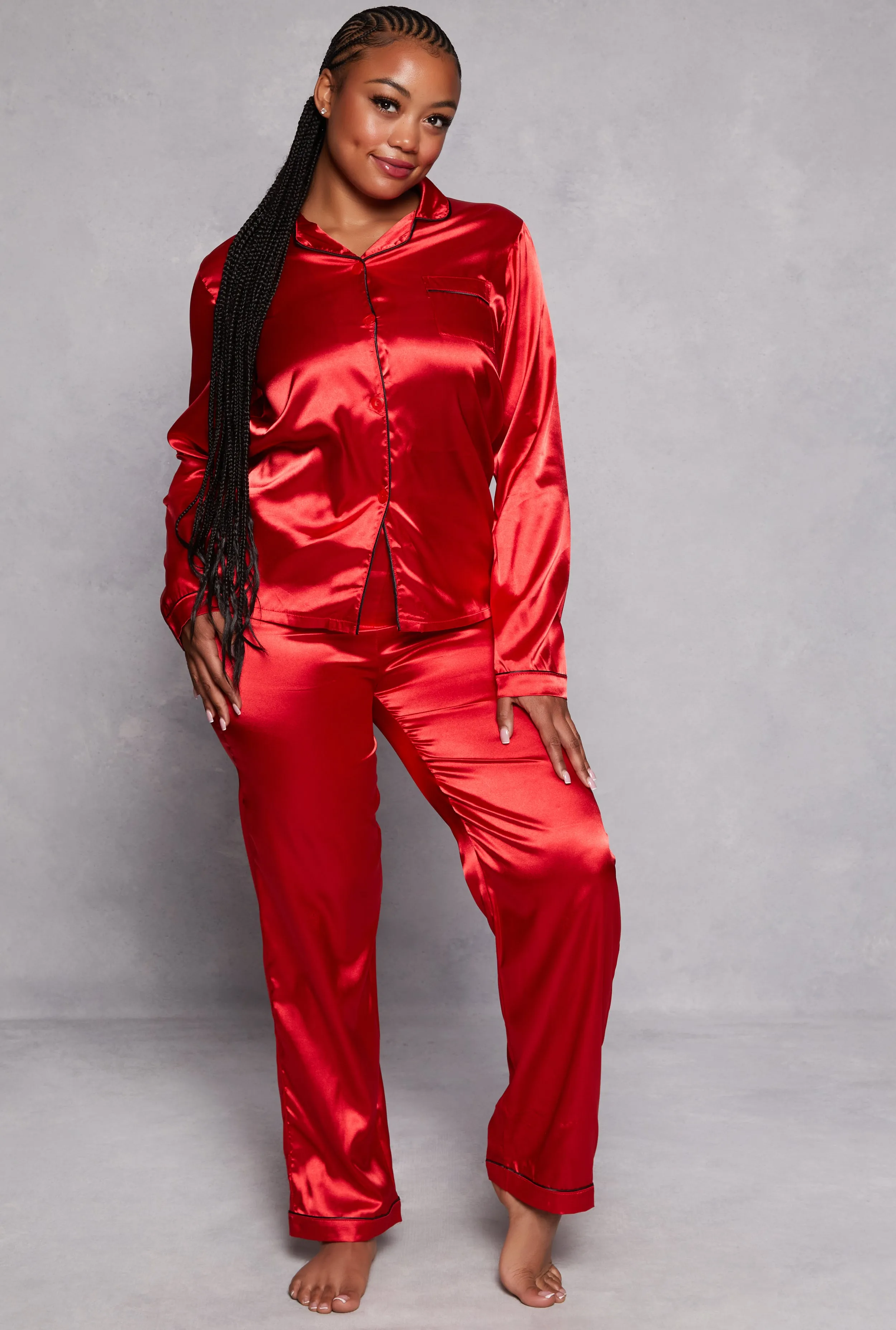 Plus Size Satin Notch Collar Pajama Shirt and Pants sold by Rainbow