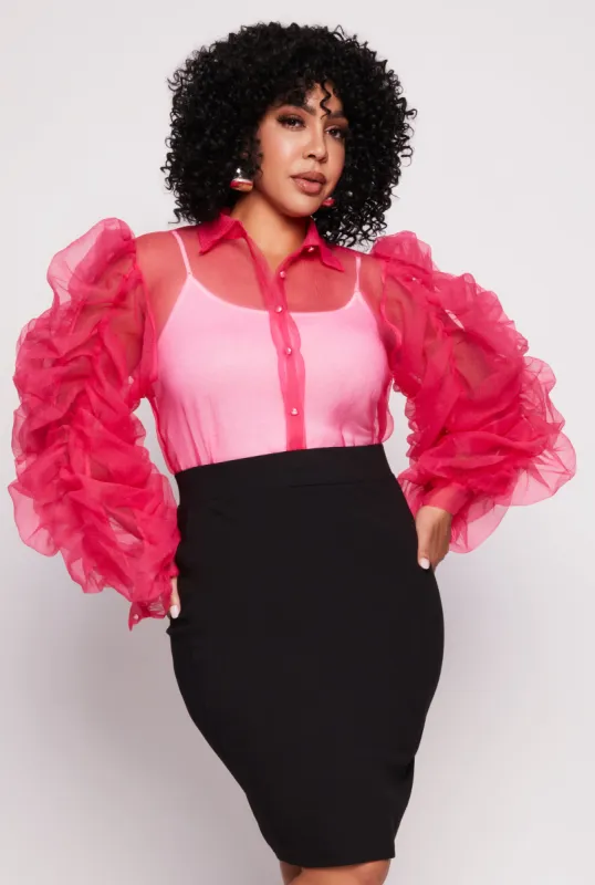 Plus Size Organza Ruched Sleeve Button Front Blouse sold by Rainbow