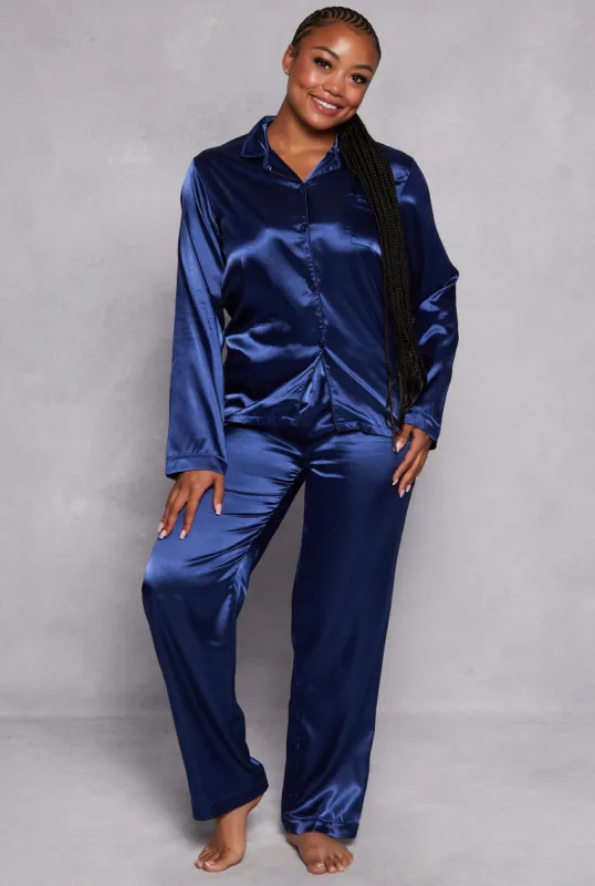 Plus Size Satin Notch Collar Pajama Shirt and Pants sold by Rainbow