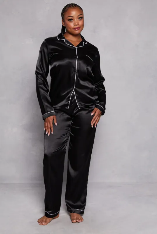 Plus Size Satin Notch Collar Pajama Shirt and Pants sold by Rainbow