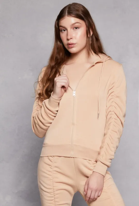 Ruched Sleeve Zip Front Hoodie sold by Rainbow