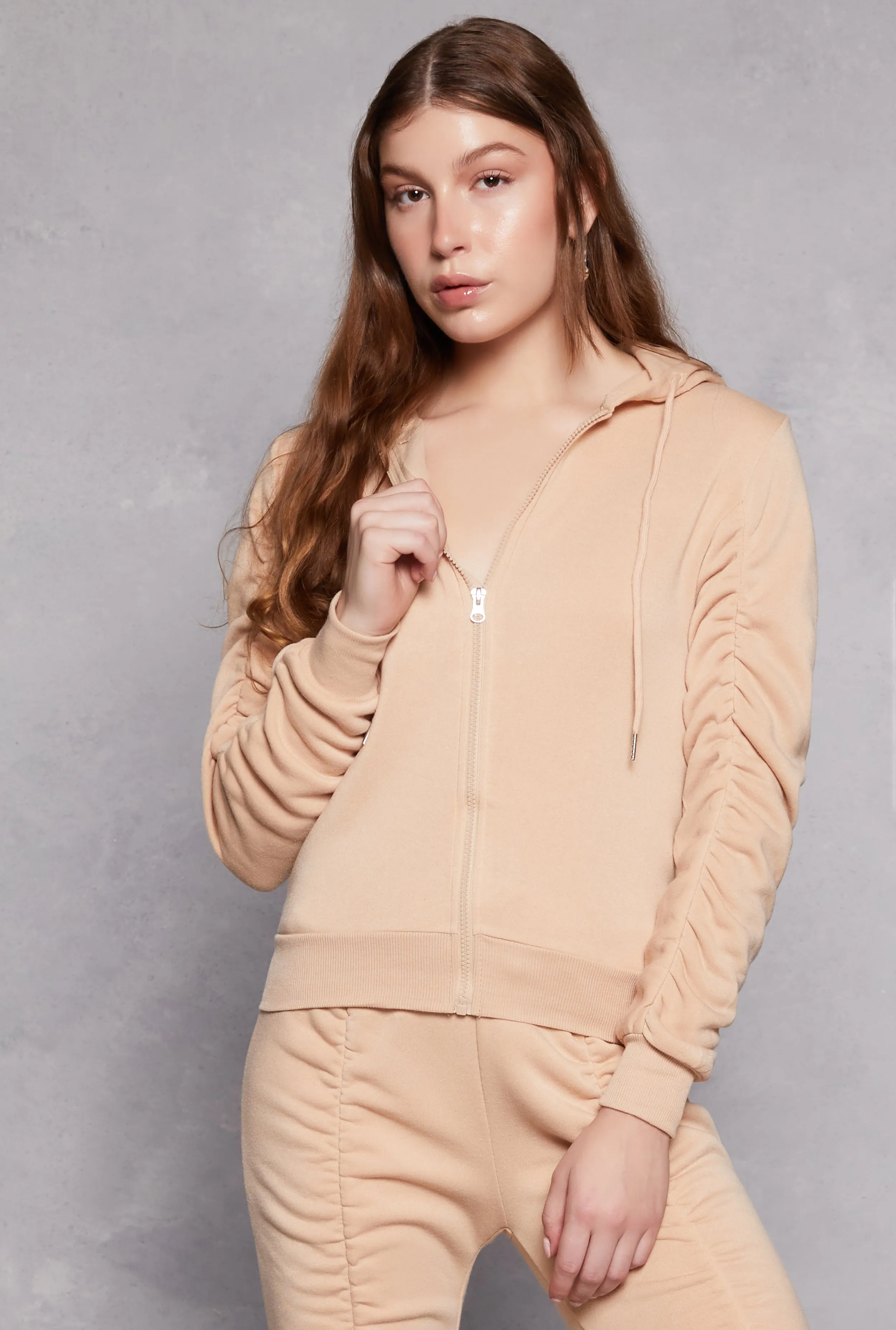 Ruched Sleeve Zip Front Hoodie sold by Rainbow