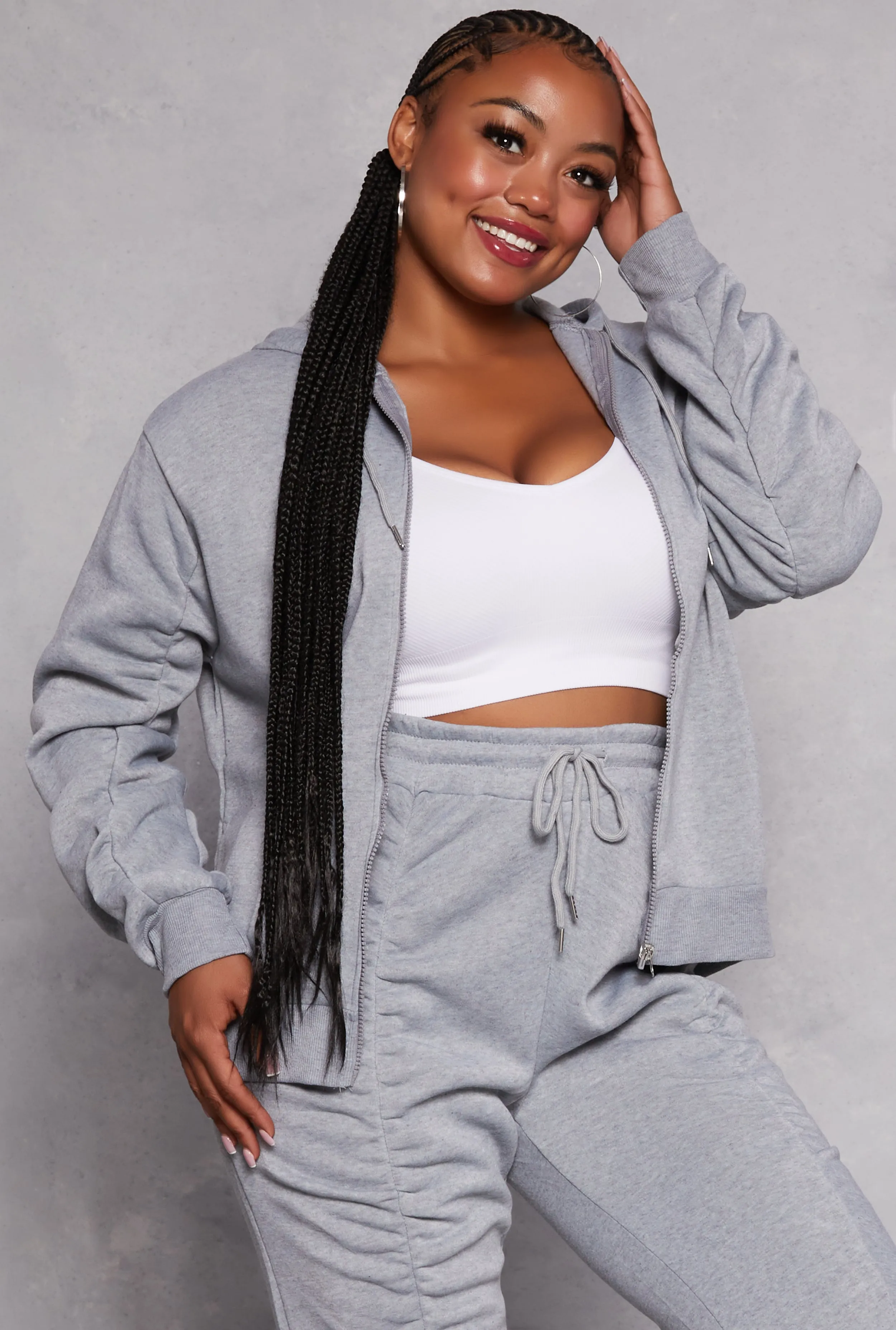 Plus Size Ruched Sleeve Zip Front Hoodie sold by Rainbow