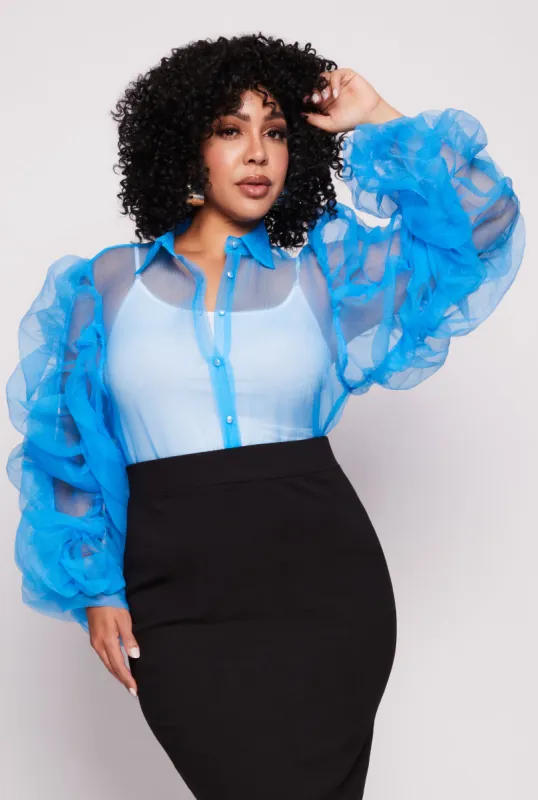Plus Size Organza Ruched Sleeve Button Front Blouse sold by Rainbow