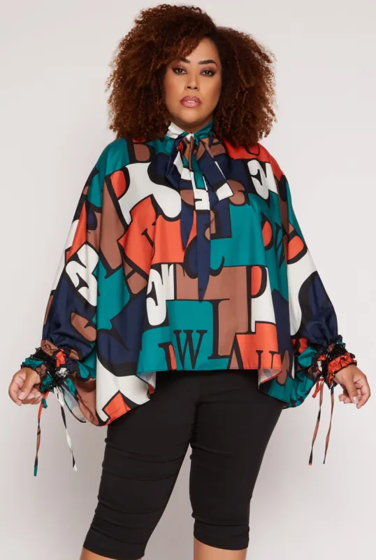 Plus Size Alphabet Print Tie Neck Blouse sold by Rainbow