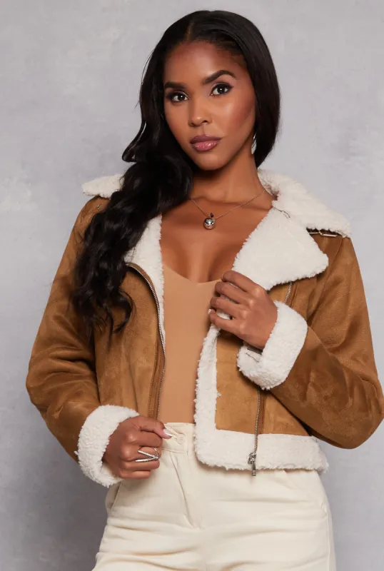Faux Suede Sherpa Moto Jacket sold by Rainbow