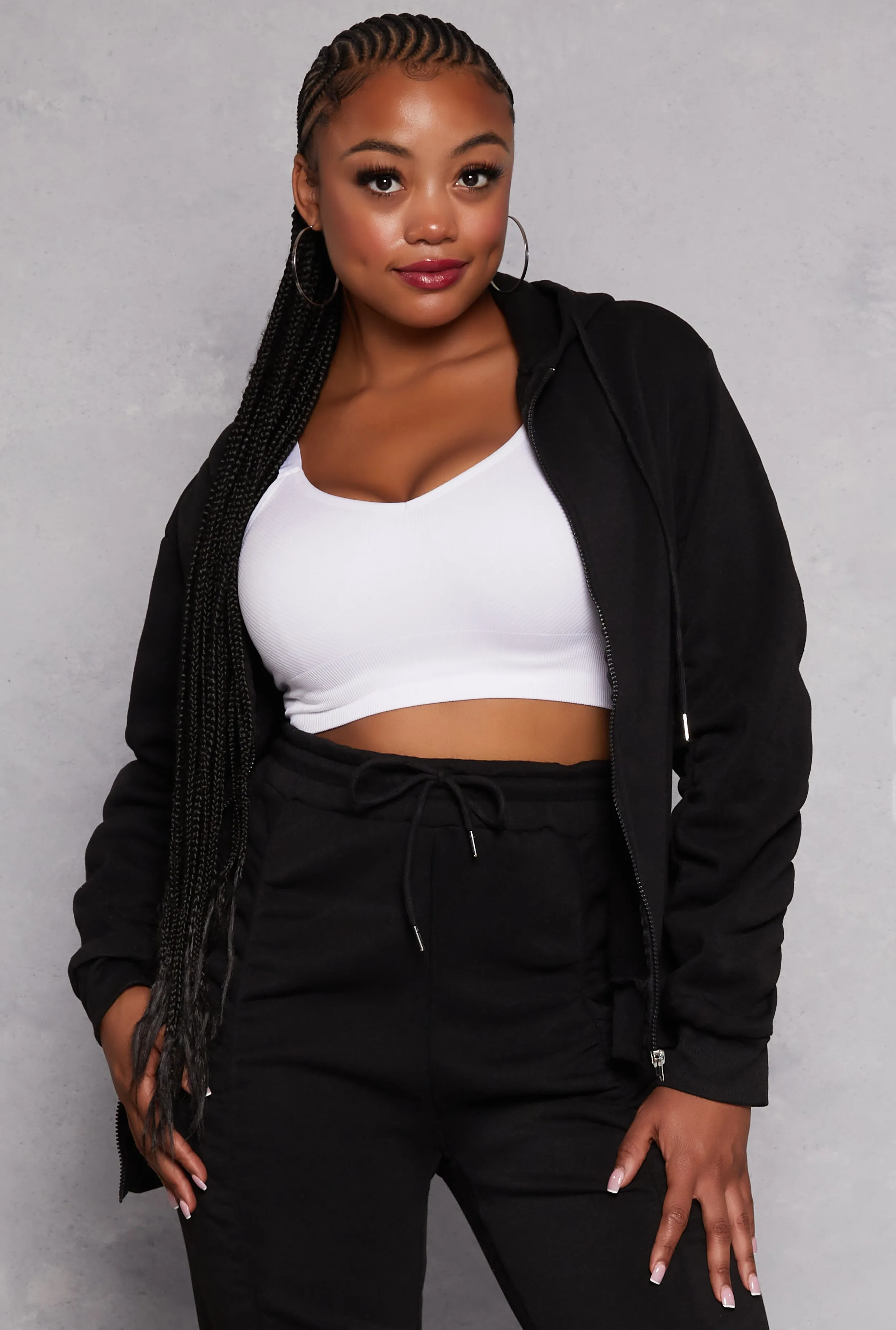 Plus Size Ruched Sleeve Zip Front Hoodie sold by Rainbow