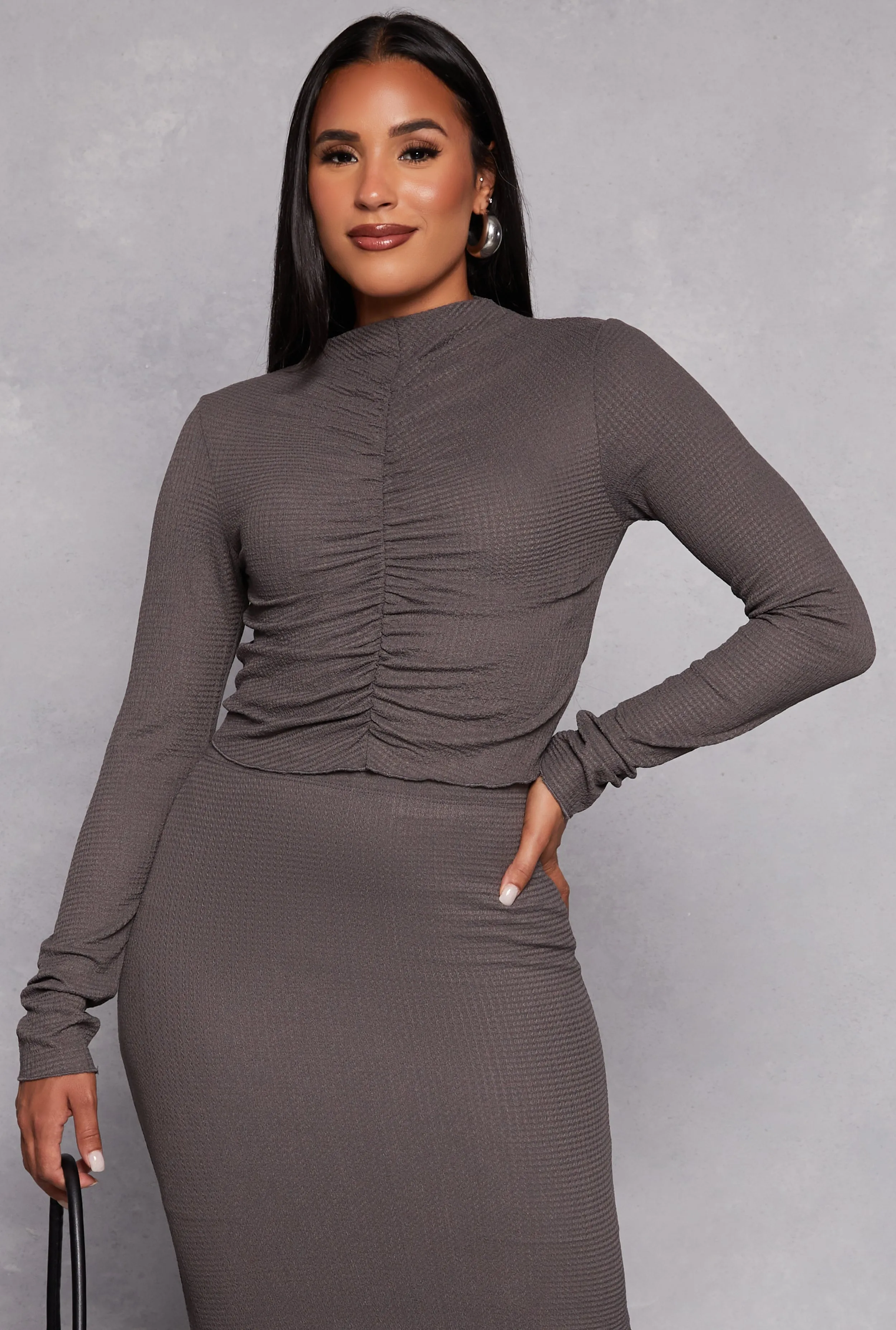 Almost Famous Ruched Long Sleeve Crop Top sold by Rainbow