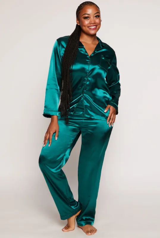 Plus Size Satin Notch Collar Pajama Shirt and Pants sold by Rainbow