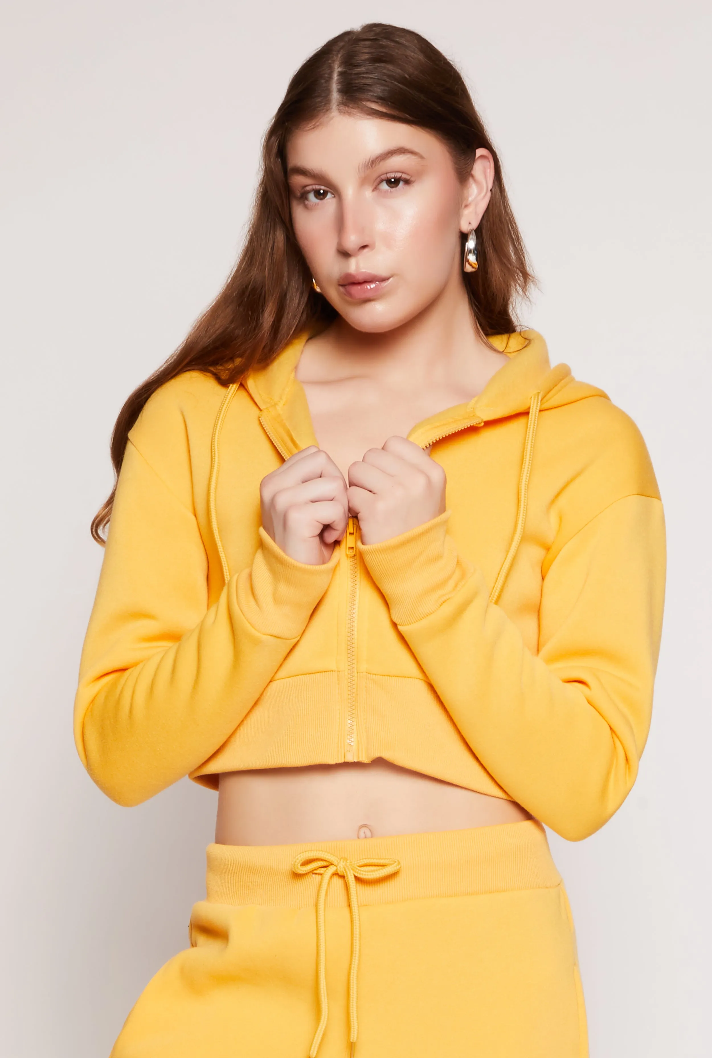 Fleece Solid Cropped Zip Front Hoodie sold by Rainbow