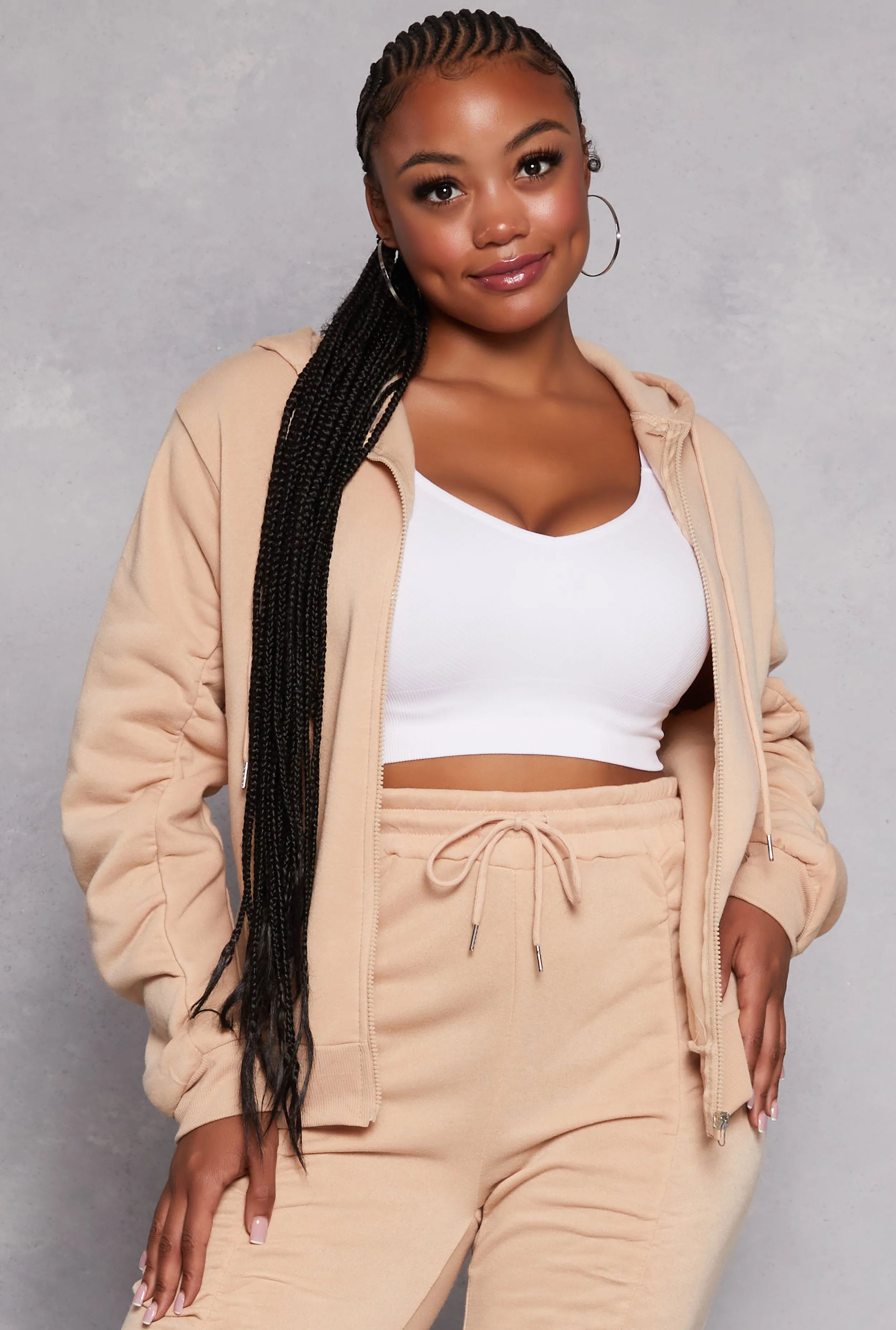 Plus Size Ruched Sleeve Zip Front Hoodie sold by Rainbow