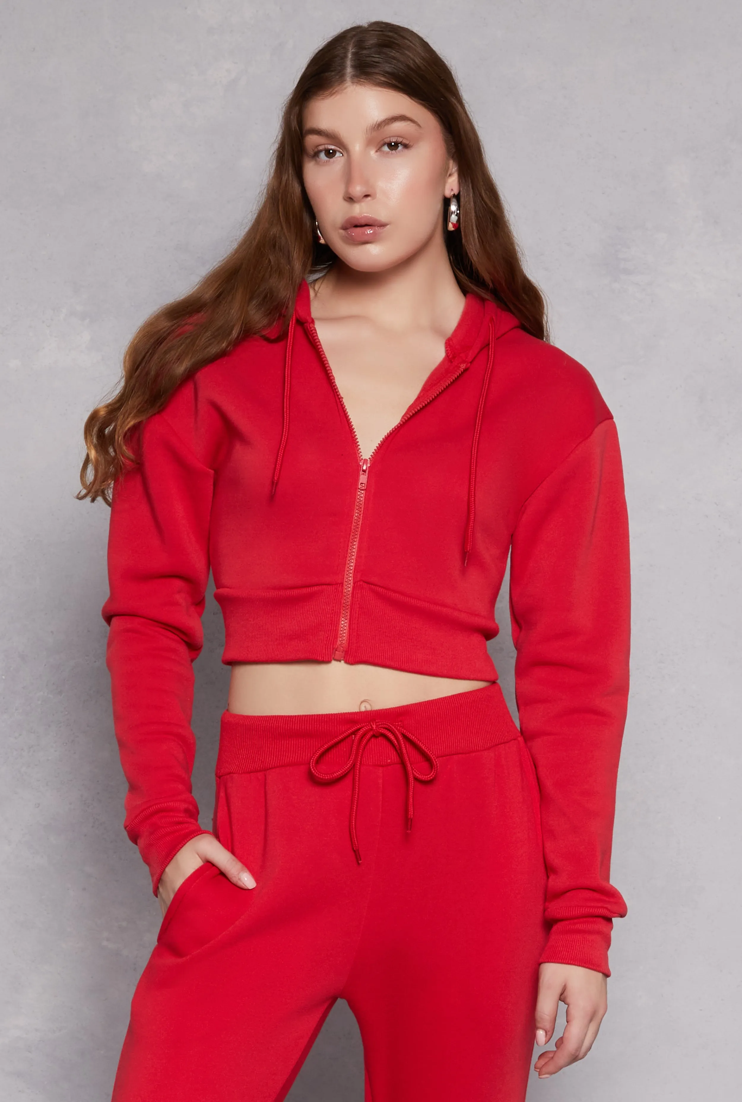 Fleece Solid Cropped Zip Front Hoodie sold by Rainbow