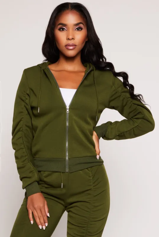 Ruched Sleeve Zip Front Hoodie sold by Rainbow