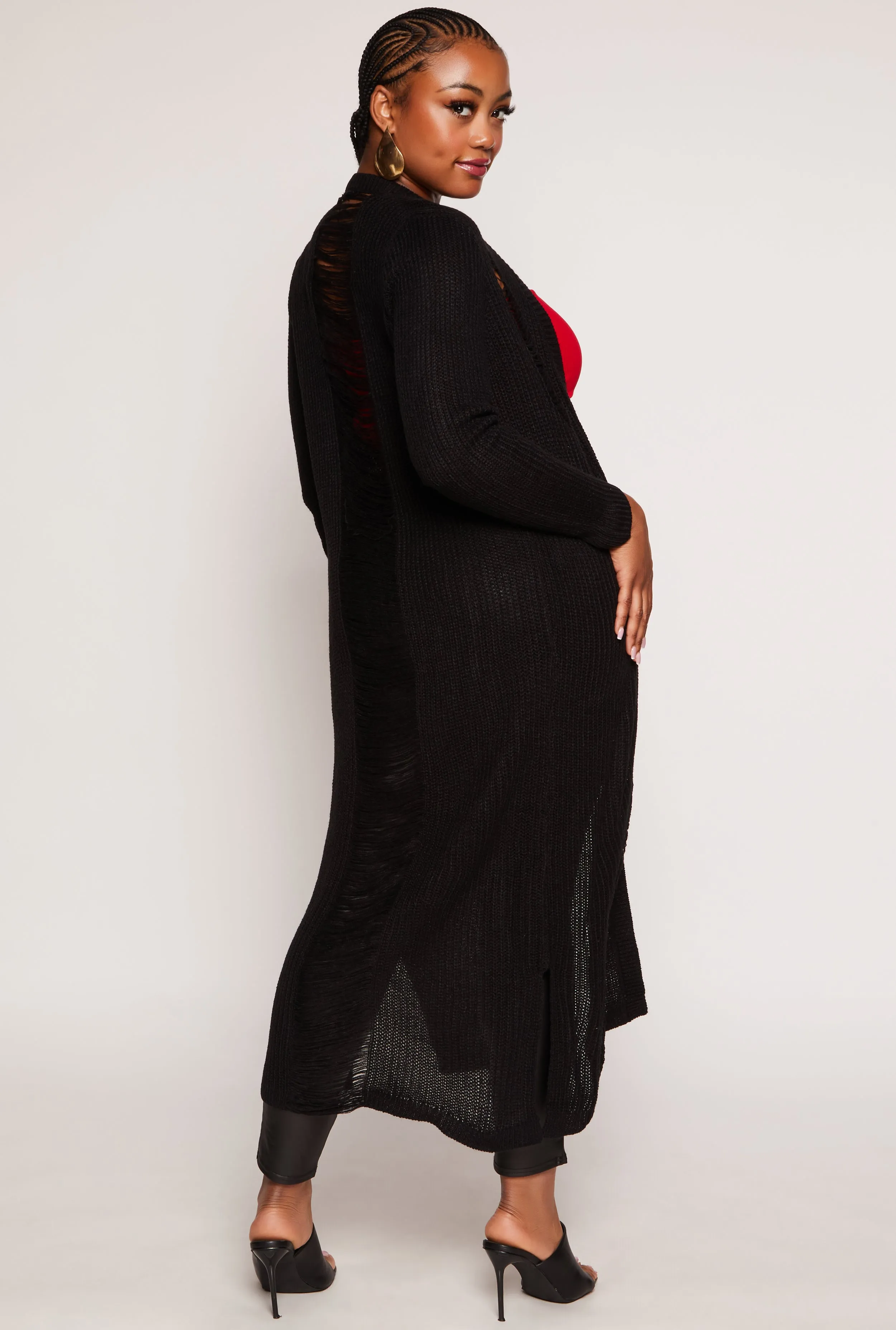 Plus Size Solid Distressed Long Cardigan sold by Rainbow product image thumbnail 3