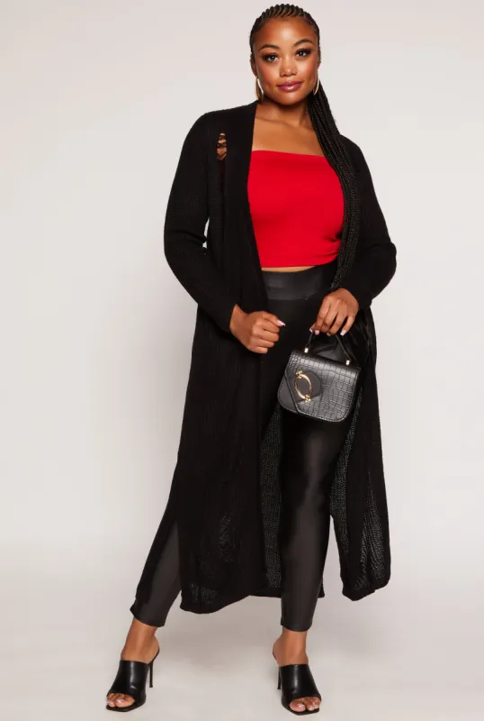 Plus Size Solid Distressed Long Cardigan sold by Rainbow