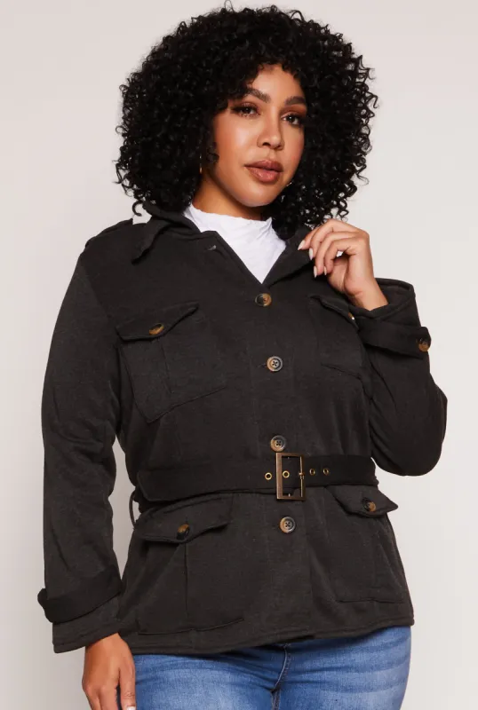 Plus Size Fleece Belted Military Jacket sold by Rainbow