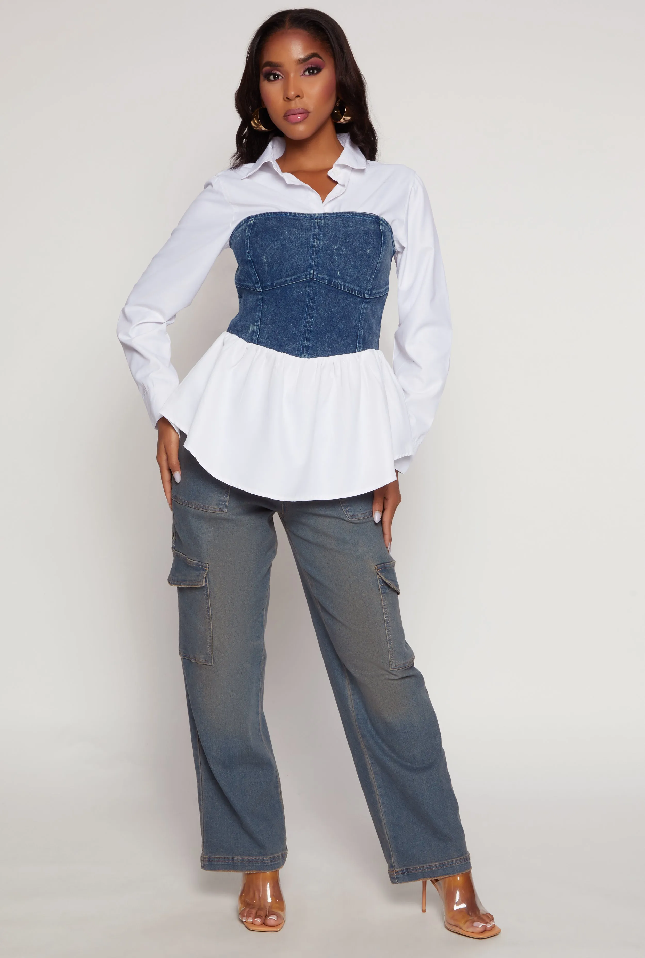 Denim Corset Detail Long Sleeve Shirt sold by Rainbow product image thumbnail 2