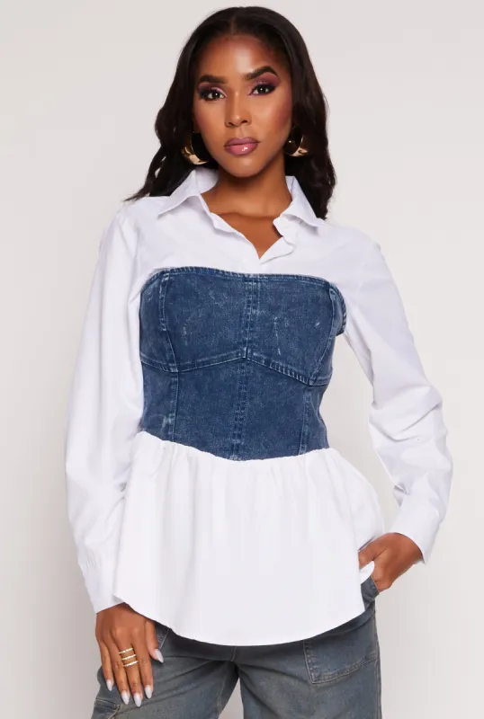 Denim Corset Detail Long Sleeve Shirt sold by Rainbow