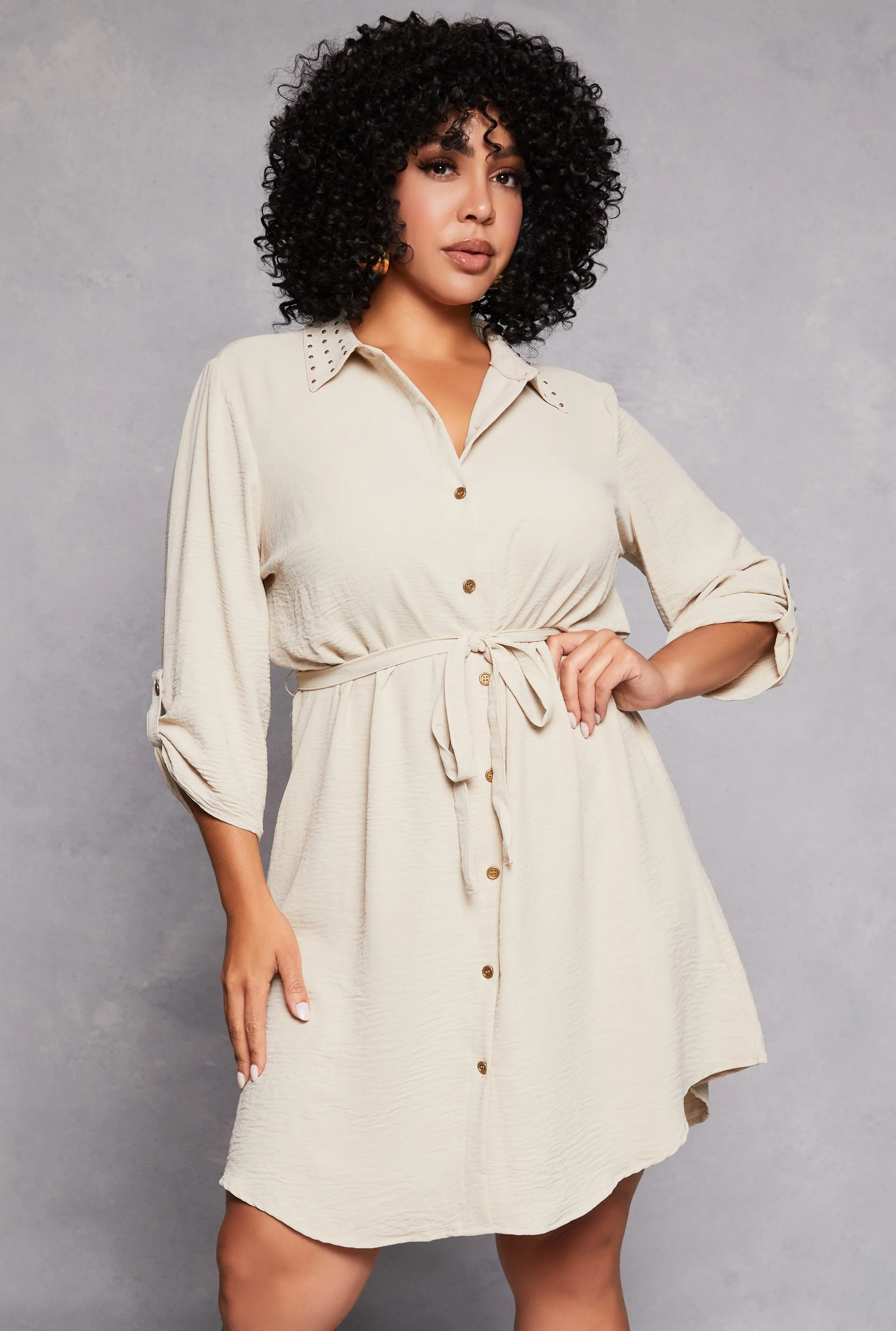 Plus Size Studded Collar Shirt Dress sold by Rainbow