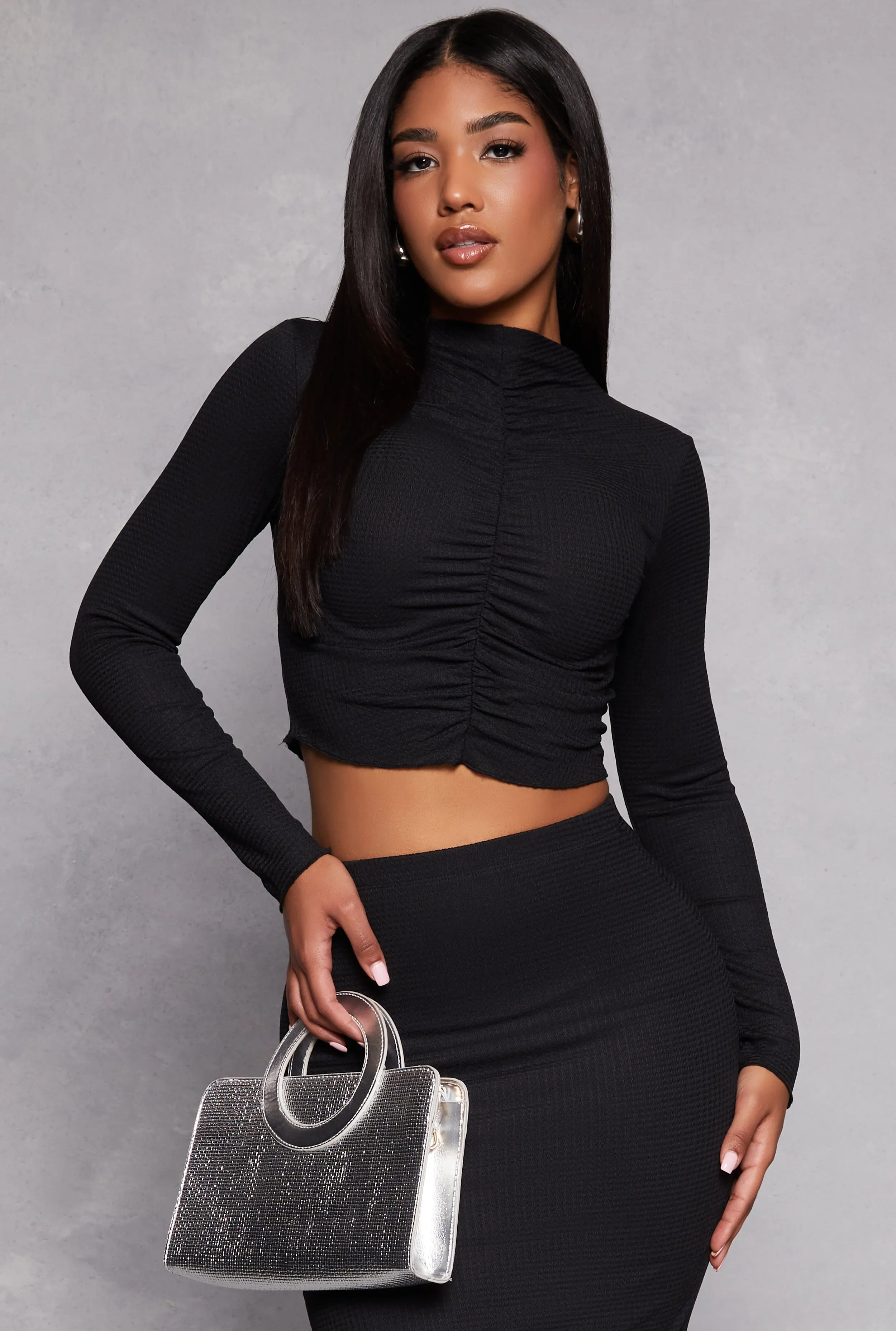 Almost Famous Ruched Long Sleeve Crop Top sold by Rainbow