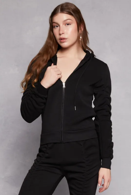 Ruched Sleeve Zip Front Hoodie sold by Rainbow