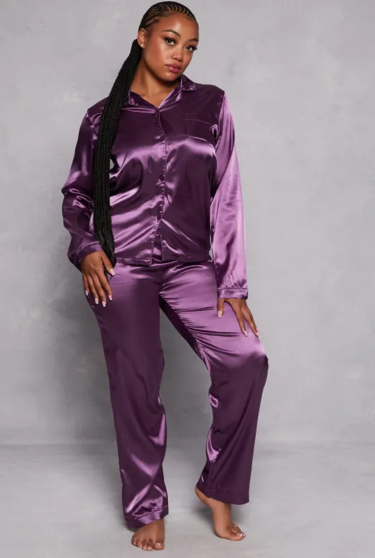 Plus Size Satin Notch Collar Pajama Shirt and Pants sold by Rainbow