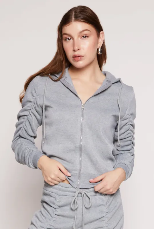 Ruched Sleeve Zip Front Hoodie sold by Rainbow