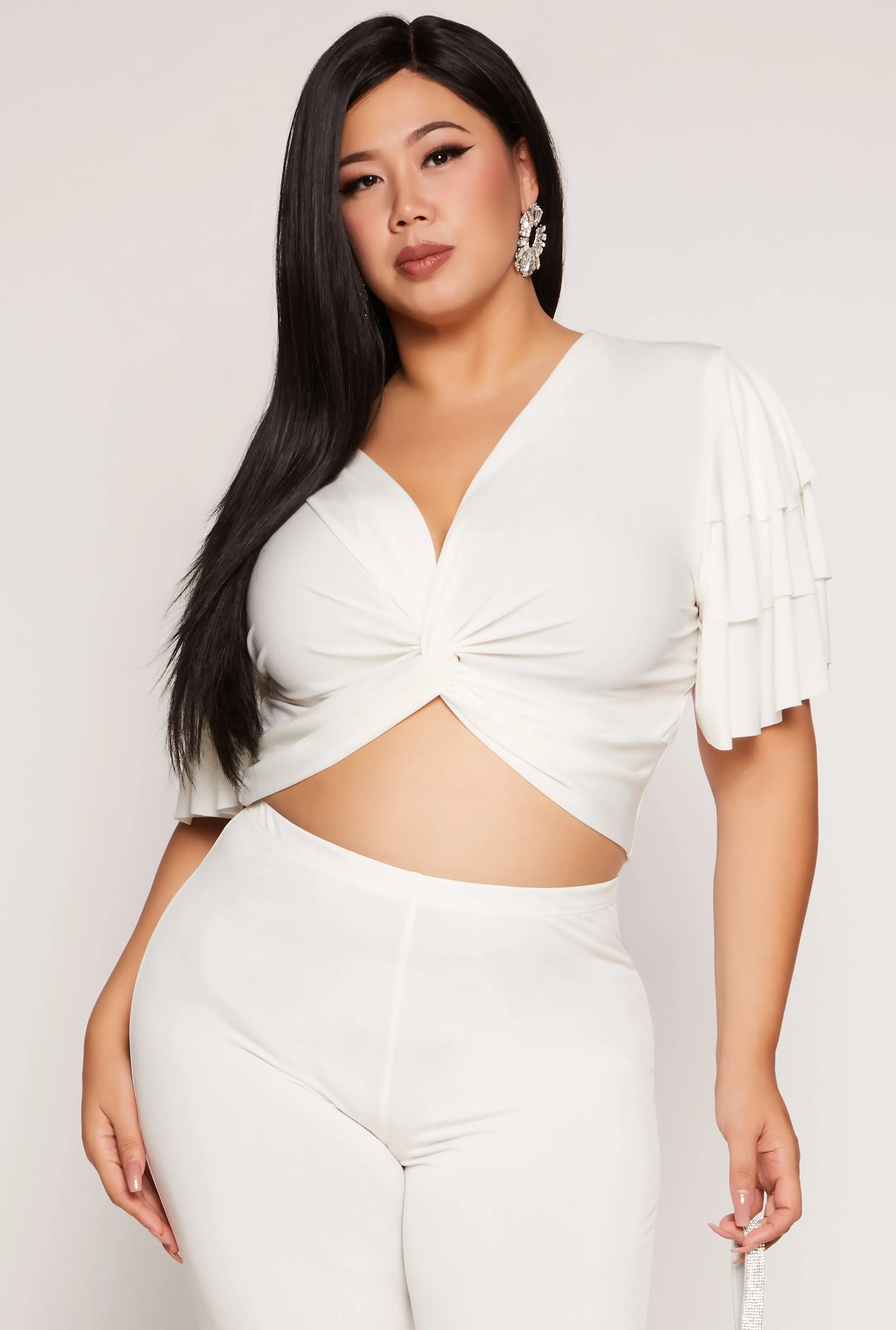 Plus Size Tiered Sleeve Twist Front Crop Top sold by Rainbow
