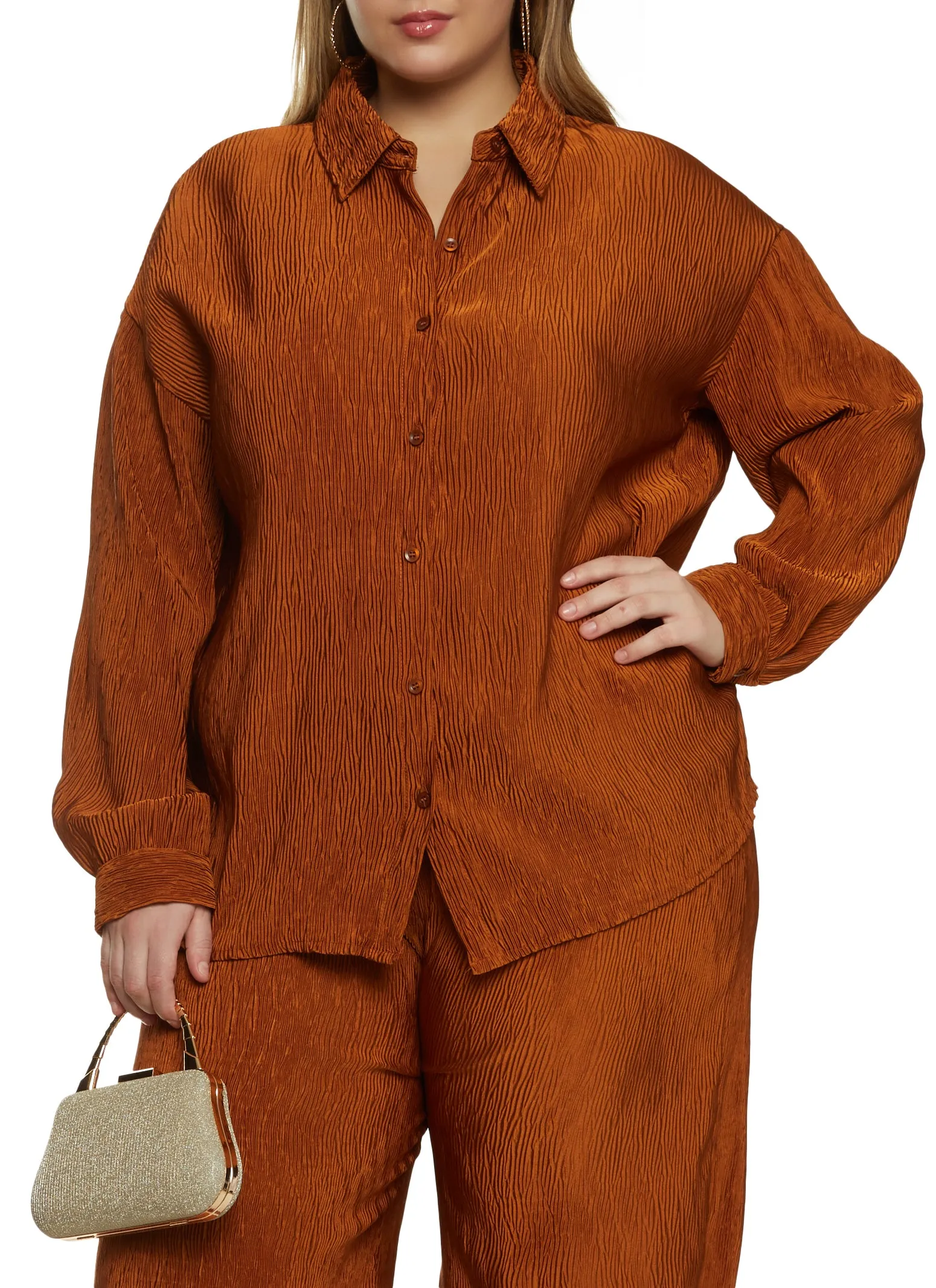 Plus Size Plisse Solid Button Front Shirt sold by Rainbow