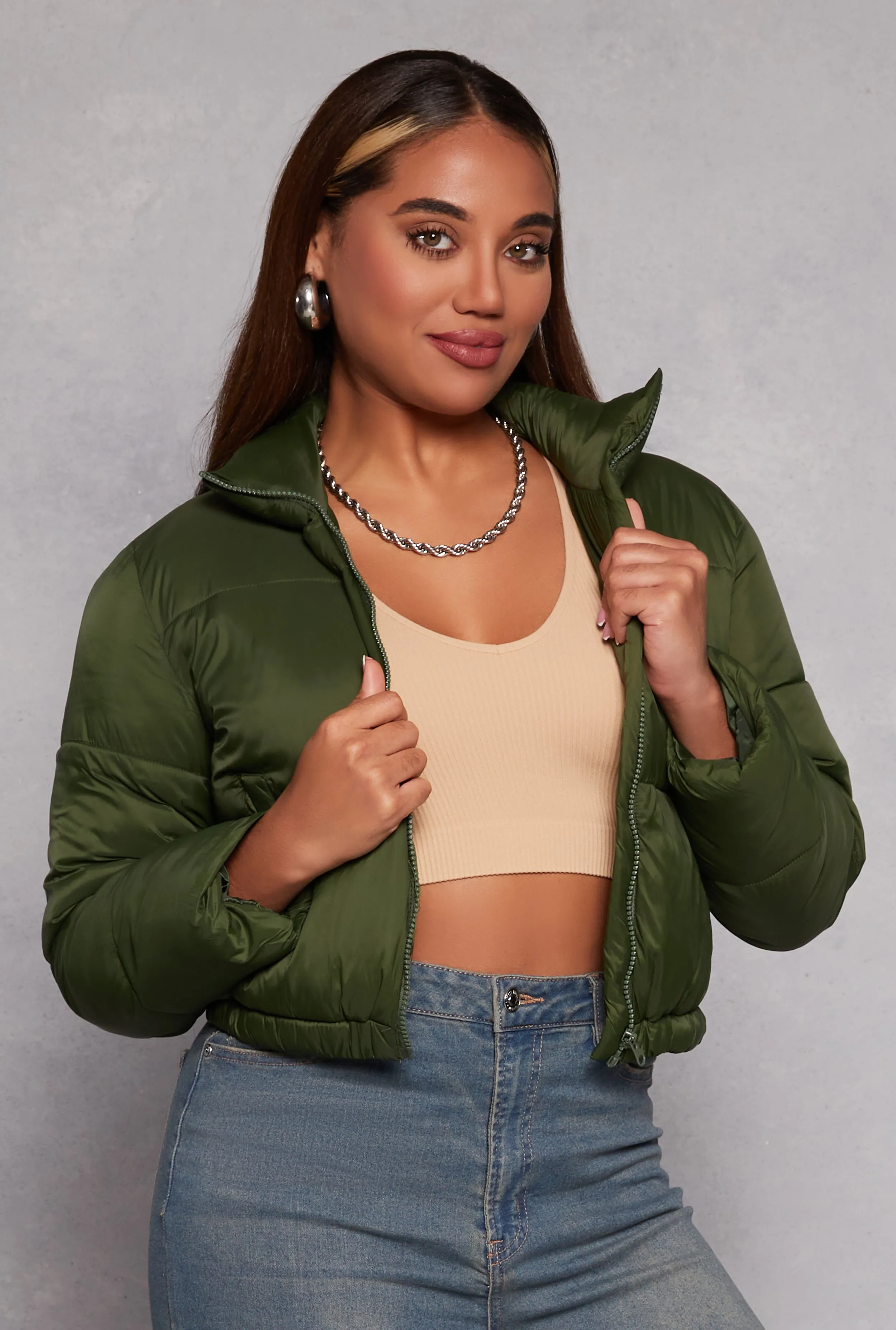 Nylon Zip Front Cropped Puffer Jacket sold by Rainbow