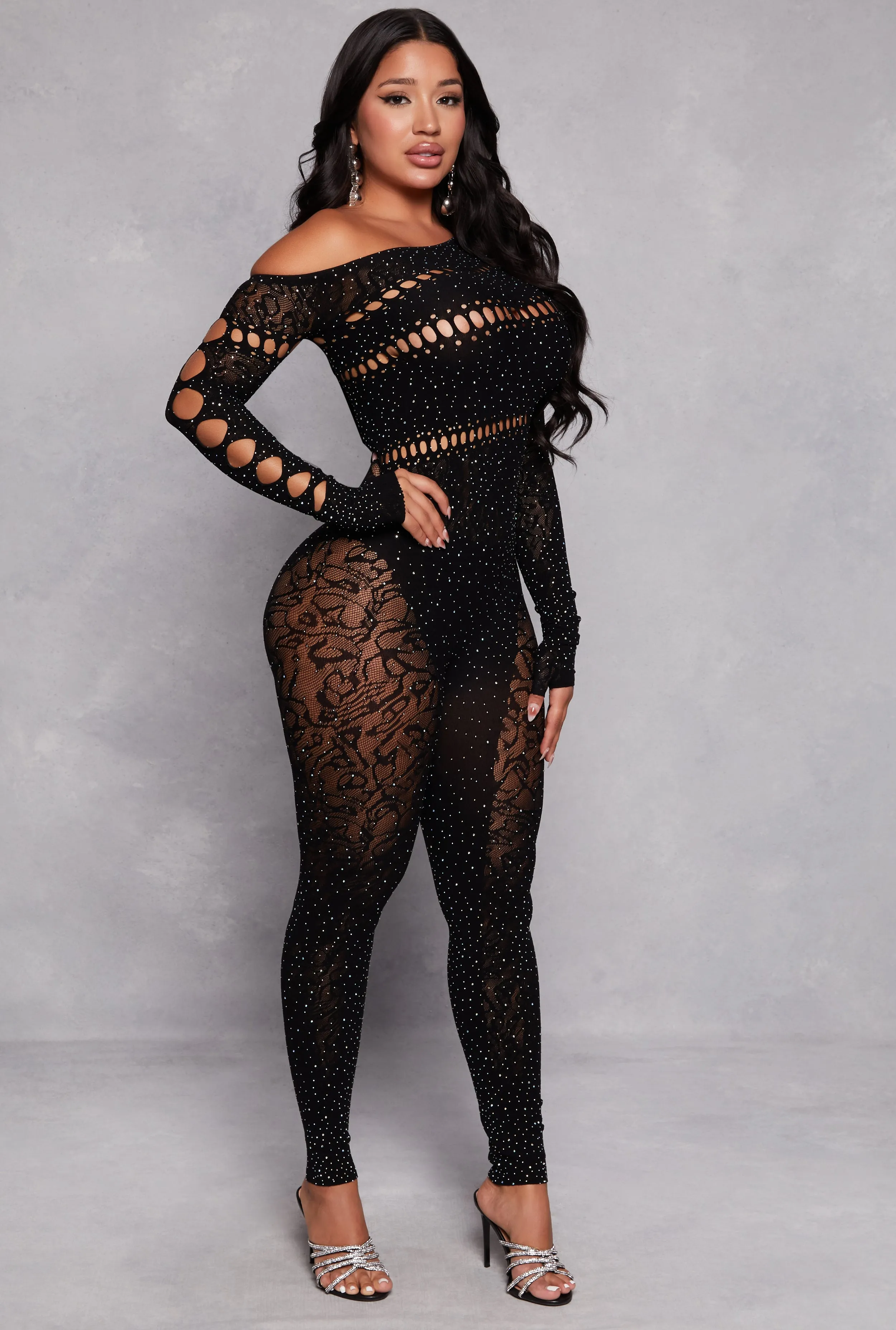 Seamless Rhinestone Cut Out Catsuit sold by Rainbow