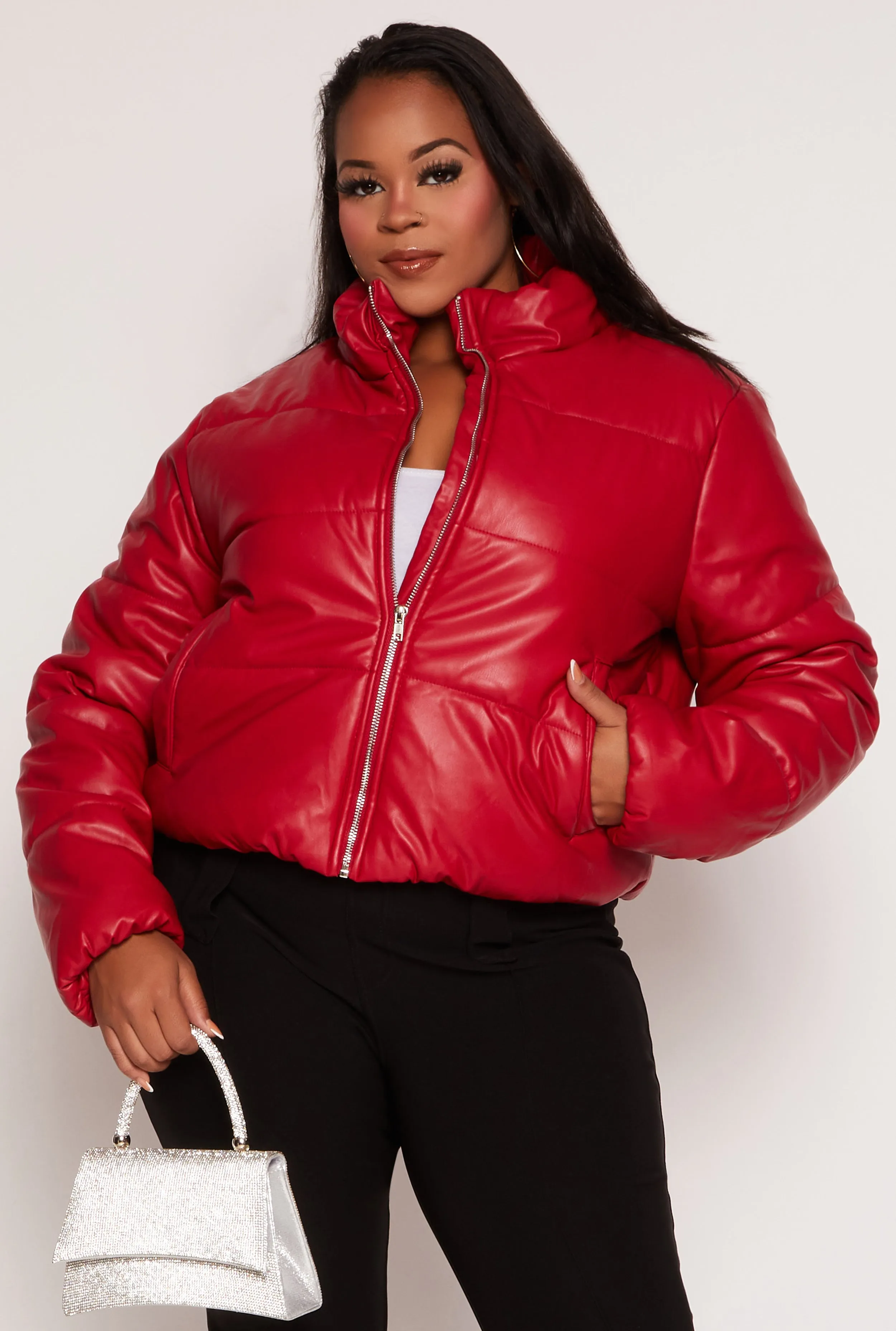 Plus Size Faux Leather Zip Front Long Sleeve Puffer Jacket sold by Rainbow
