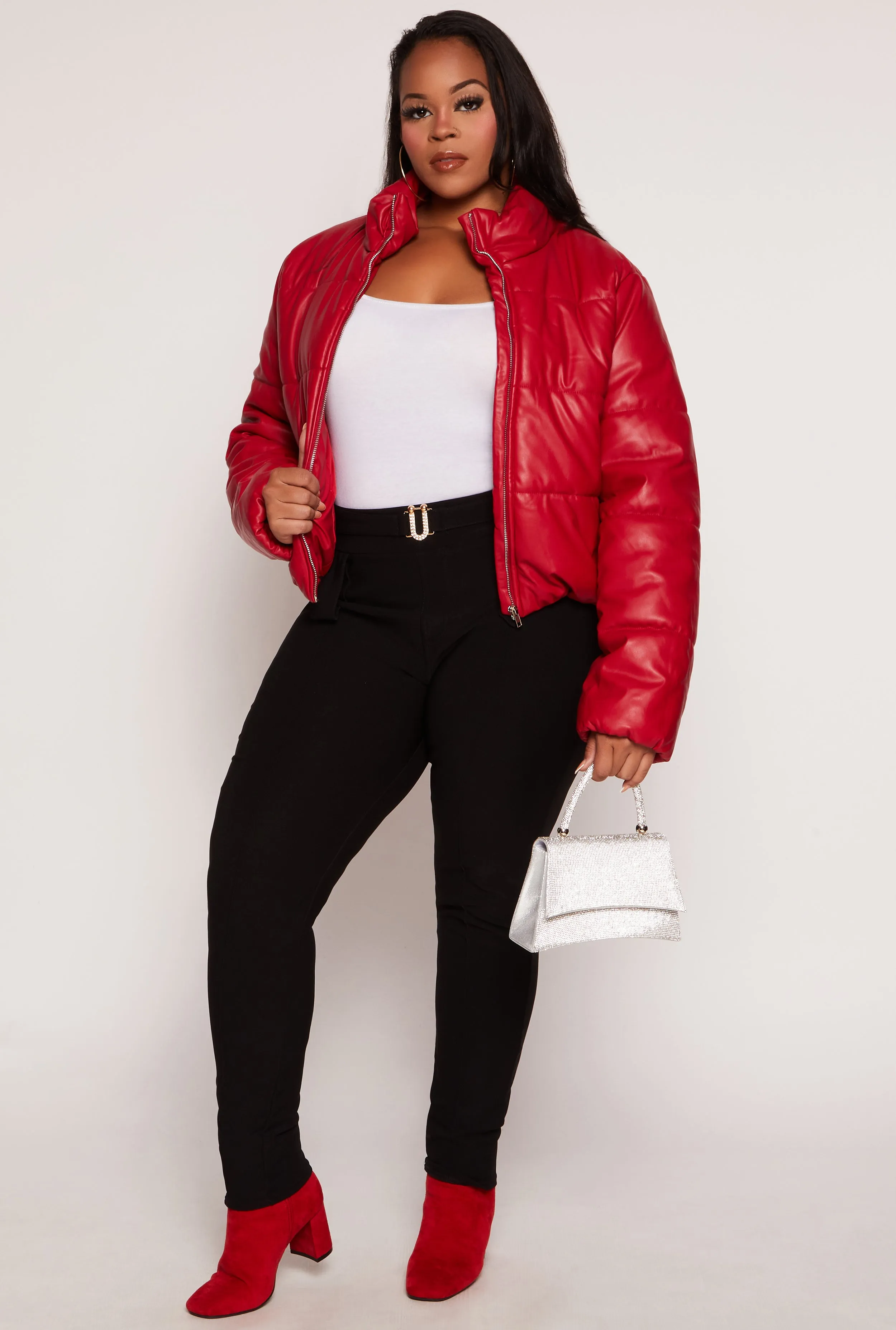 Plus Size Faux Leather Zip Front Long Sleeve Puffer Jacket sold by Rainbow product image thumbnail 2