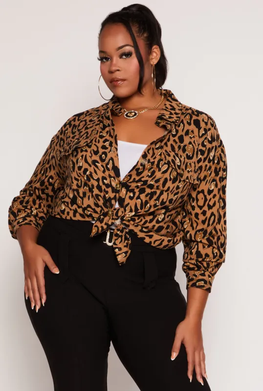 Plus Size Animal Print Button Front Blouse sold by Rainbow