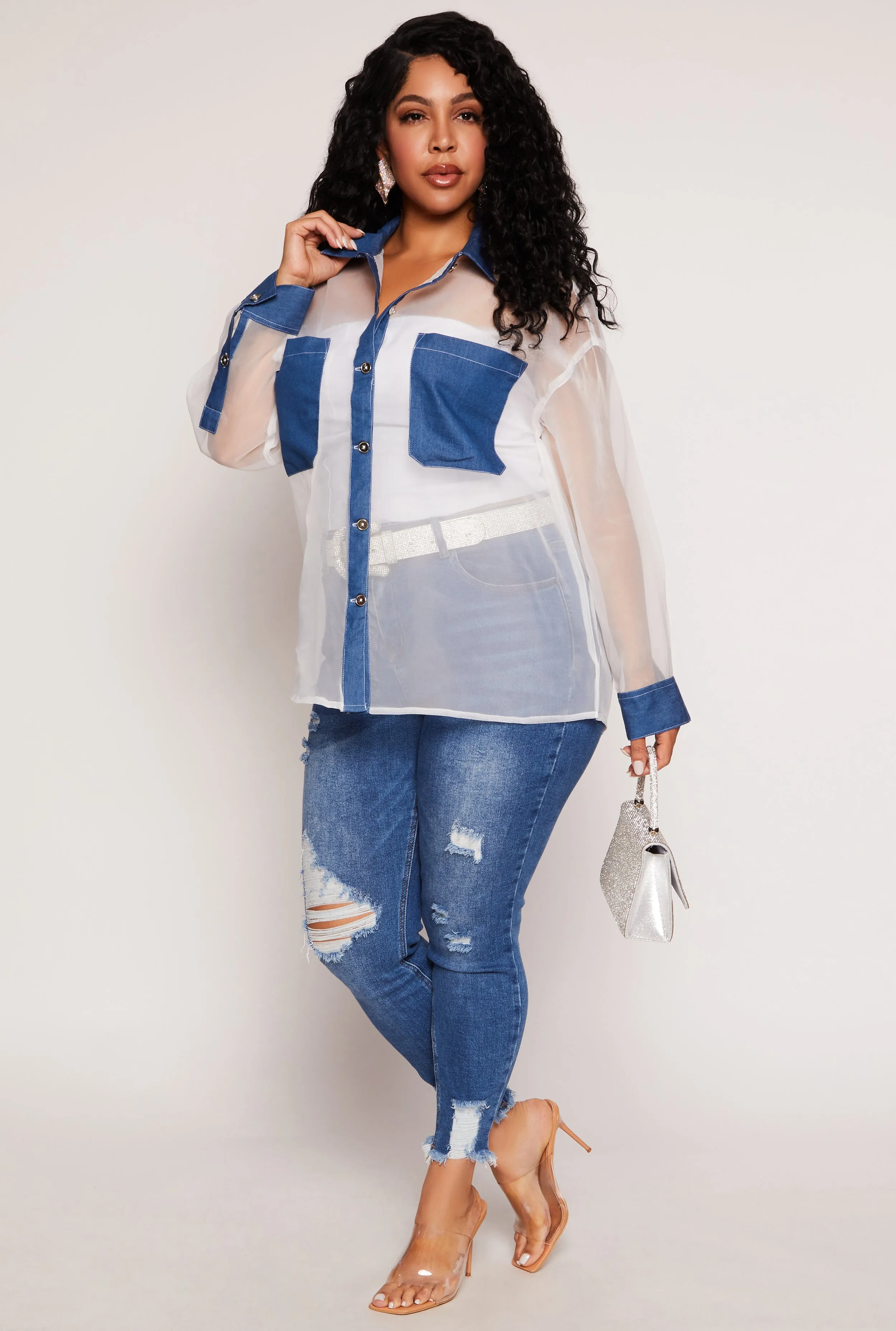 Plus Size Organza Chambray Trim Shirt sold by Rainbow product image thumbnail 2