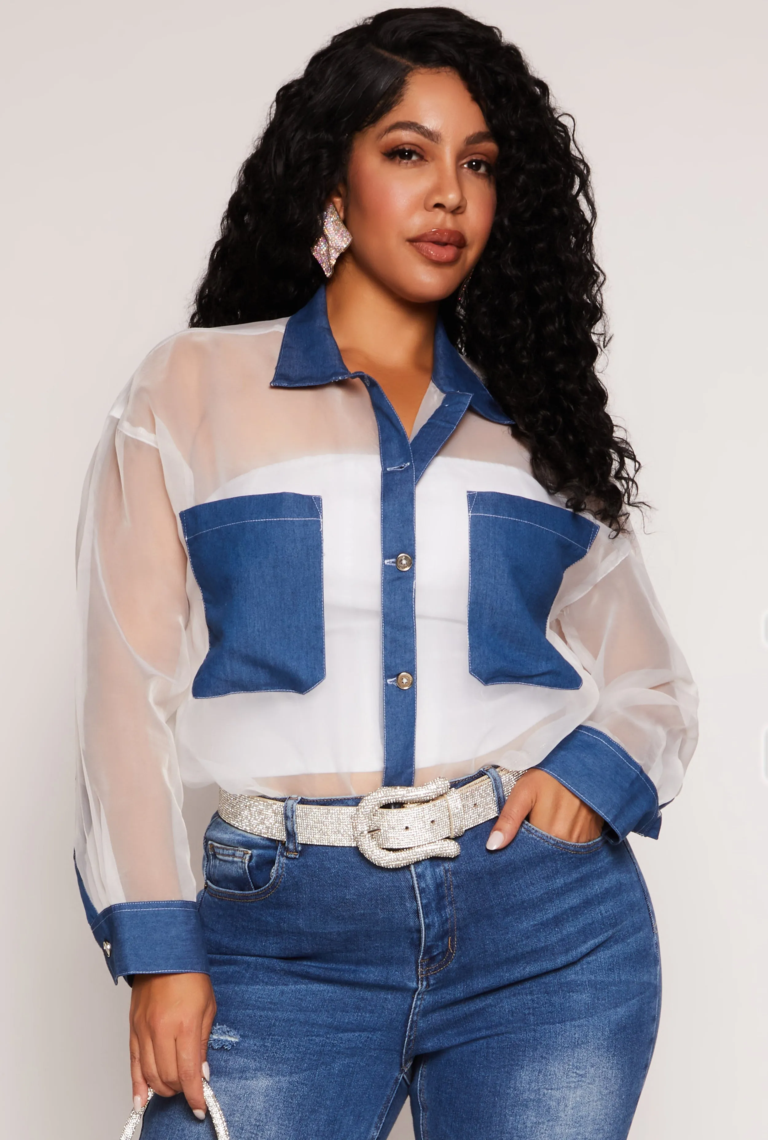 Plus Size Organza Chambray Trim Shirt sold by Rainbow
