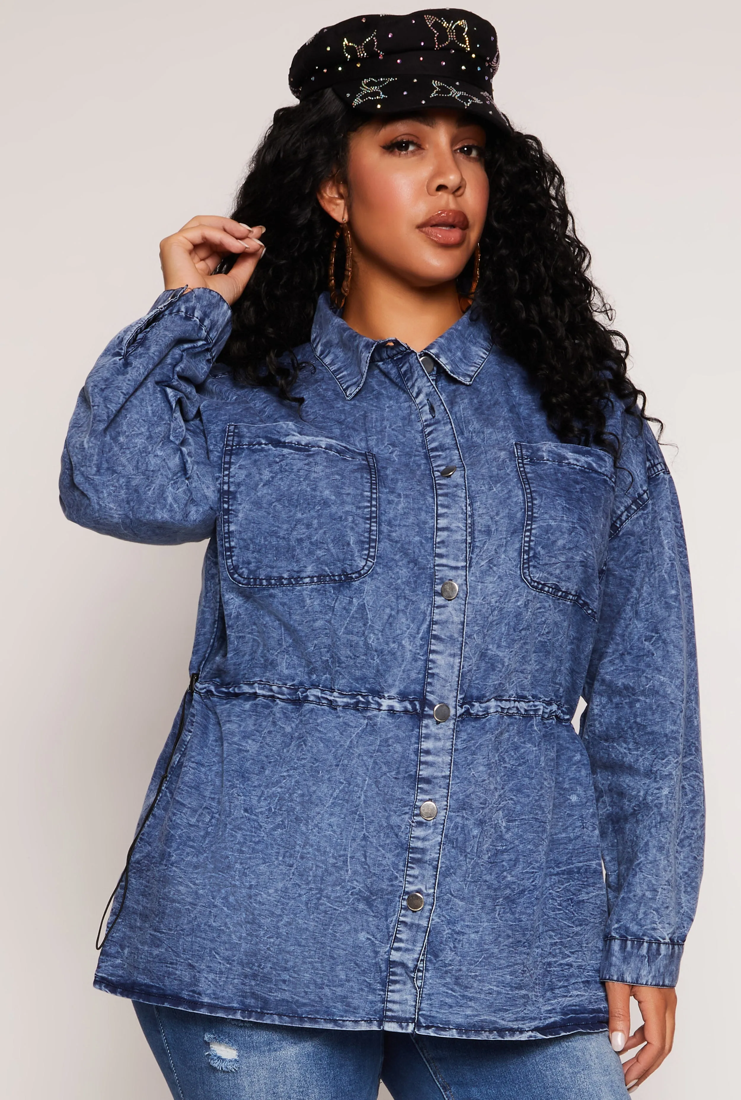 Plus Size Toggle Drawstring Waist Acid Wash Shirt sold by Rainbow
