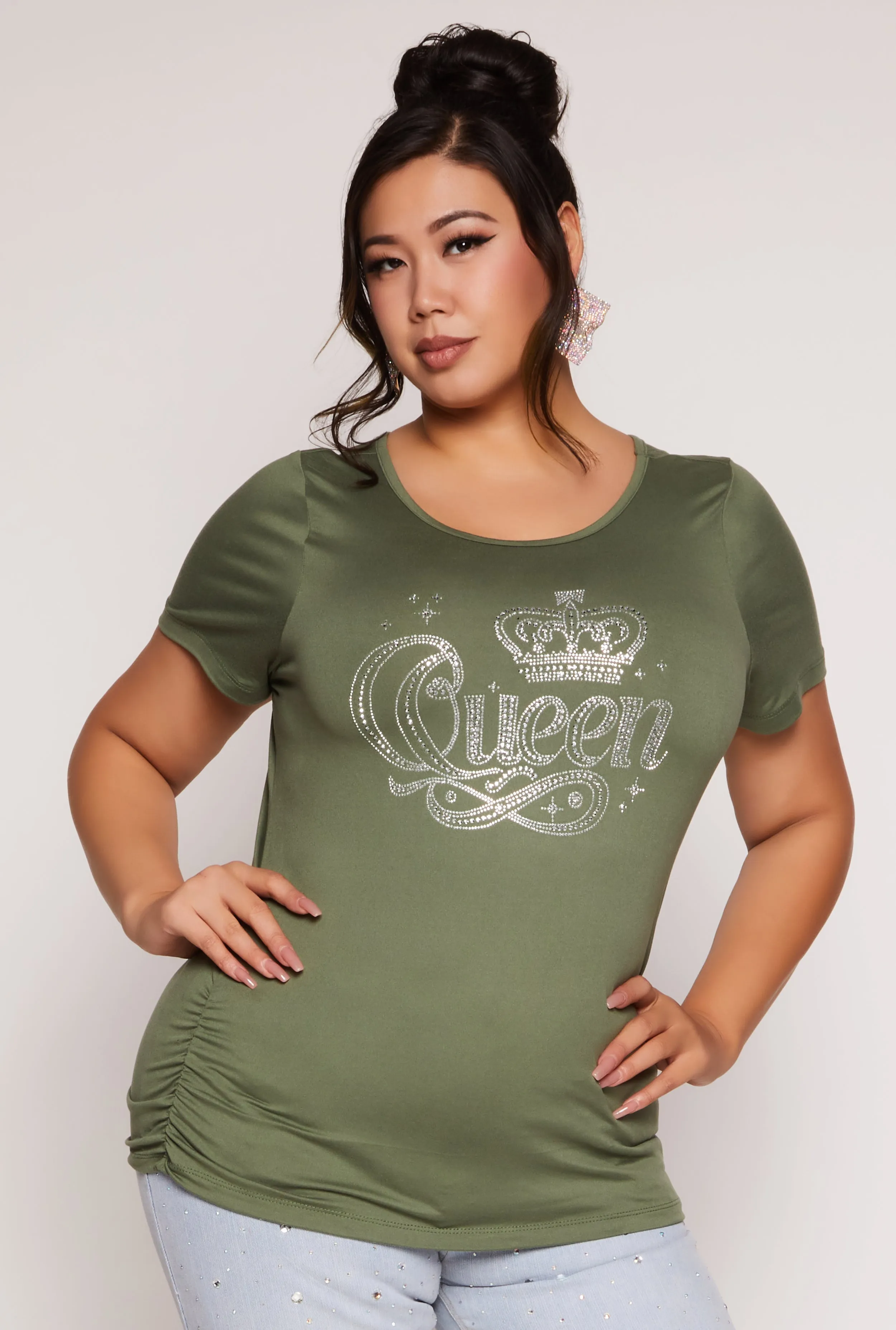 Plus Size Queen Rhinestone Ruched Graphic Tee sold by Rainbow