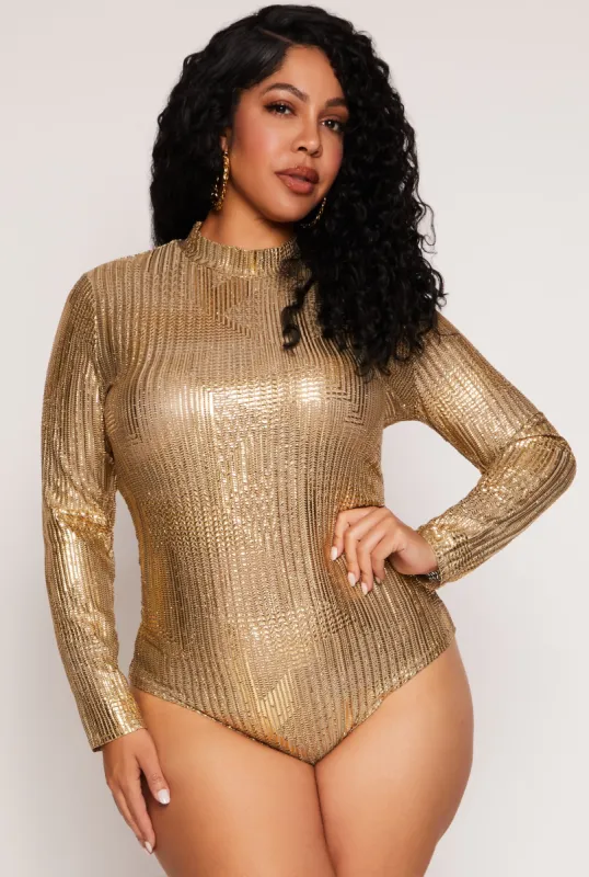 Plus Size Foil Screen Mock Neck Bodysuit sold by Rainbow