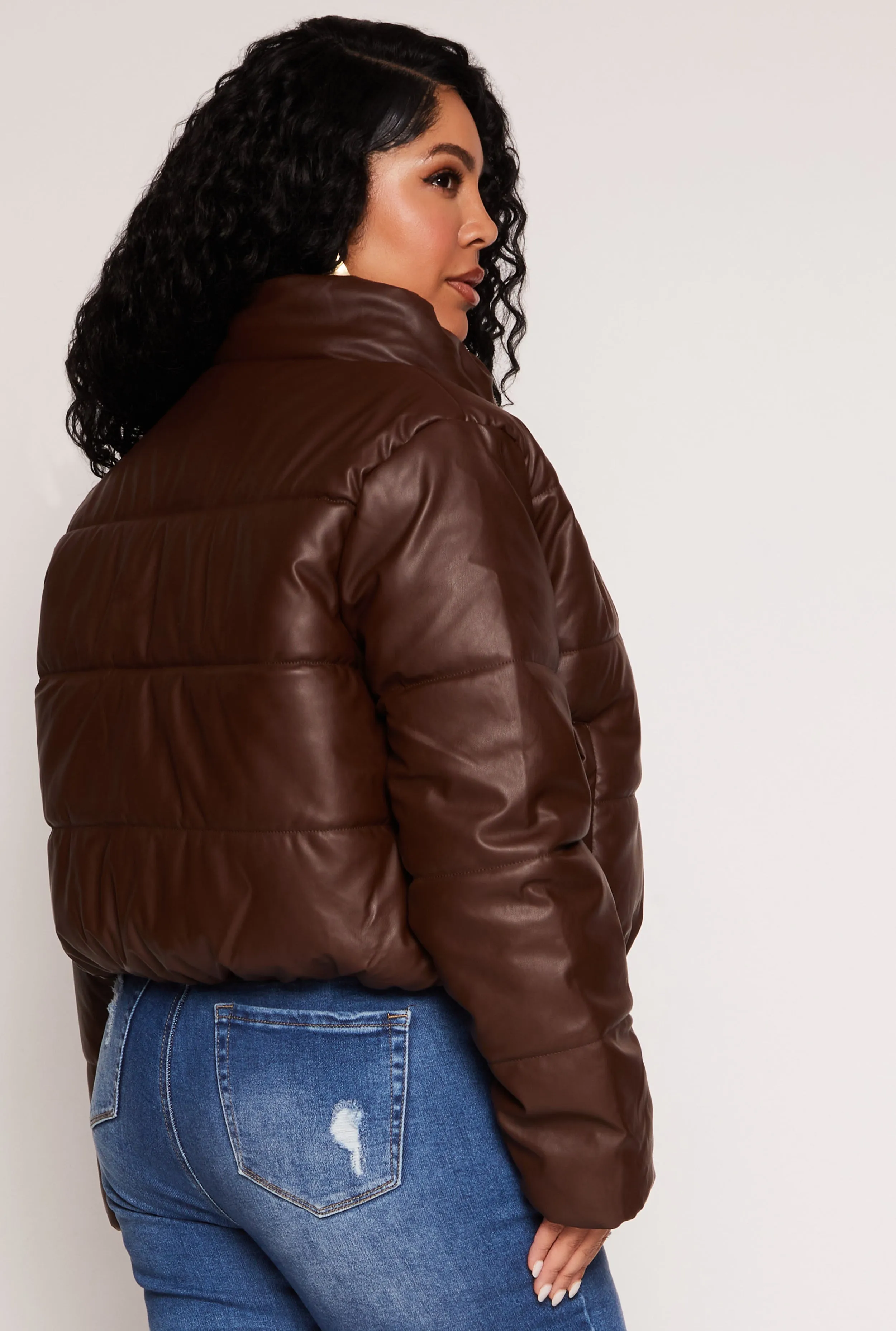 Plus Size Faux Leather Zip Front Long Sleeve Puffer Jacket sold by Rainbow product image thumbnail 3