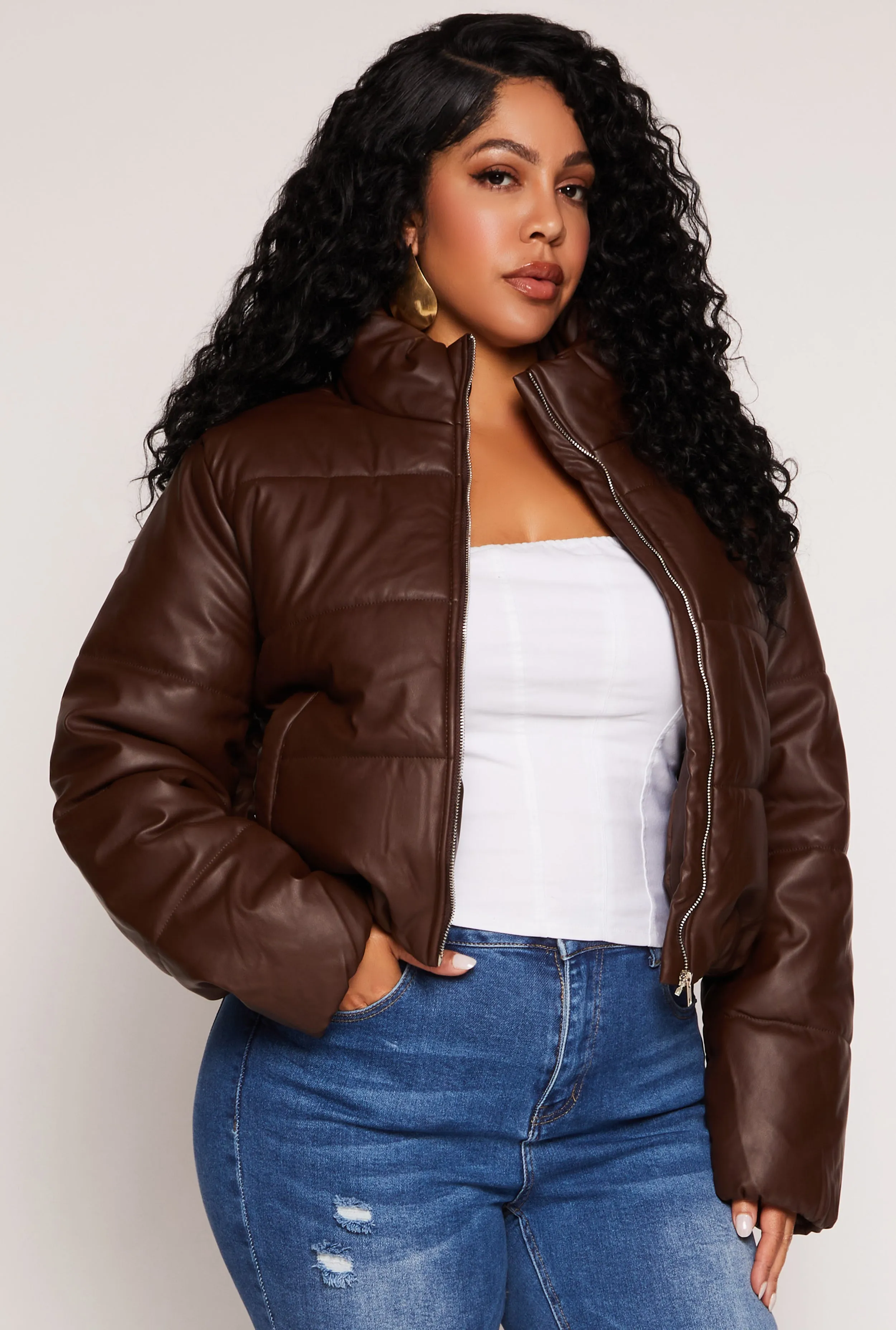 Plus Size Faux Leather Zip Front Long Sleeve Puffer Jacket sold by Rainbow