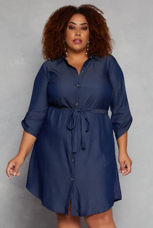Plus Size Studded Collar Button Front Shirt Dress sold by Rainbow