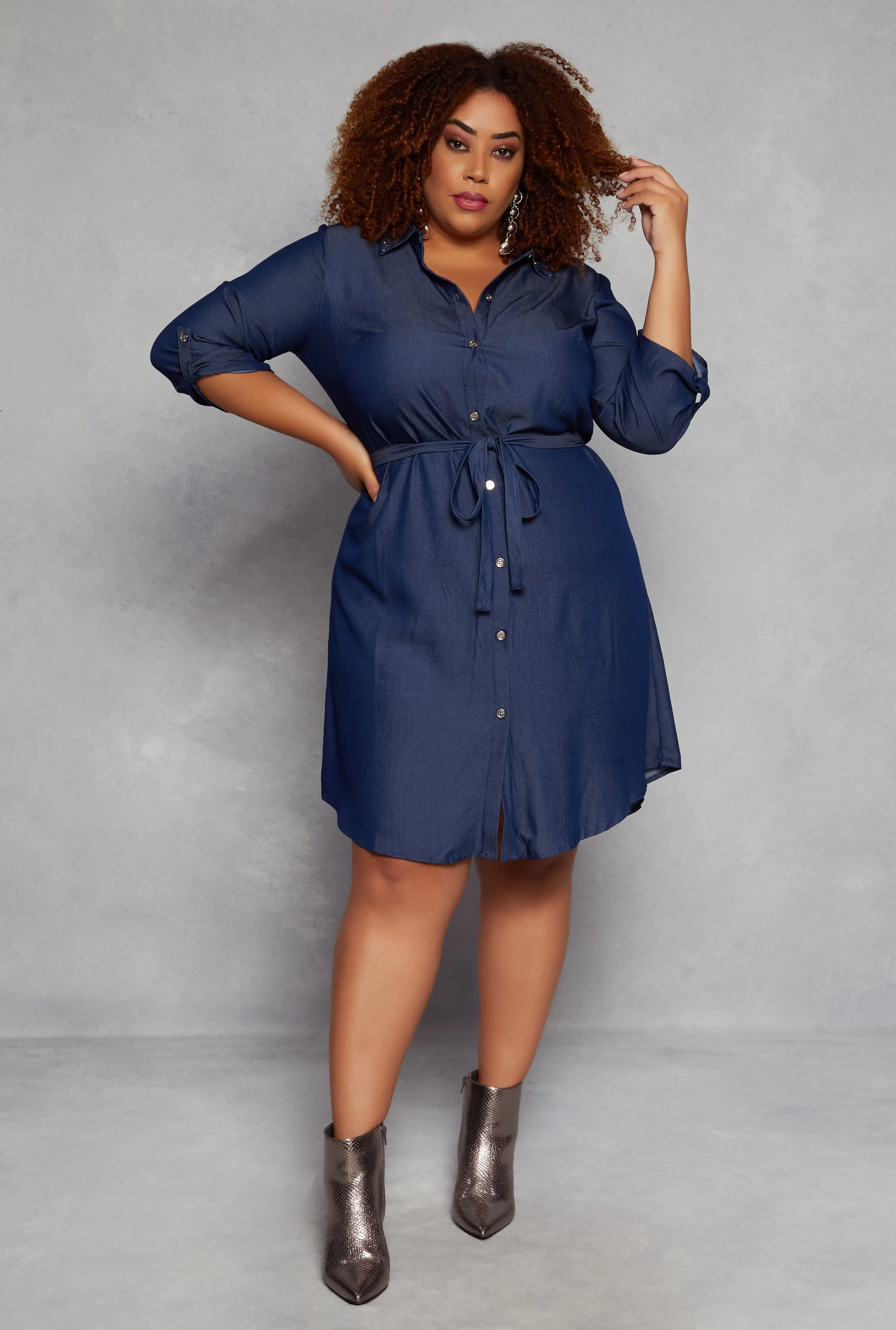 Plus Size Studded Collar Button Front Shirt Dress sold by Rainbow product image thumbnail 2