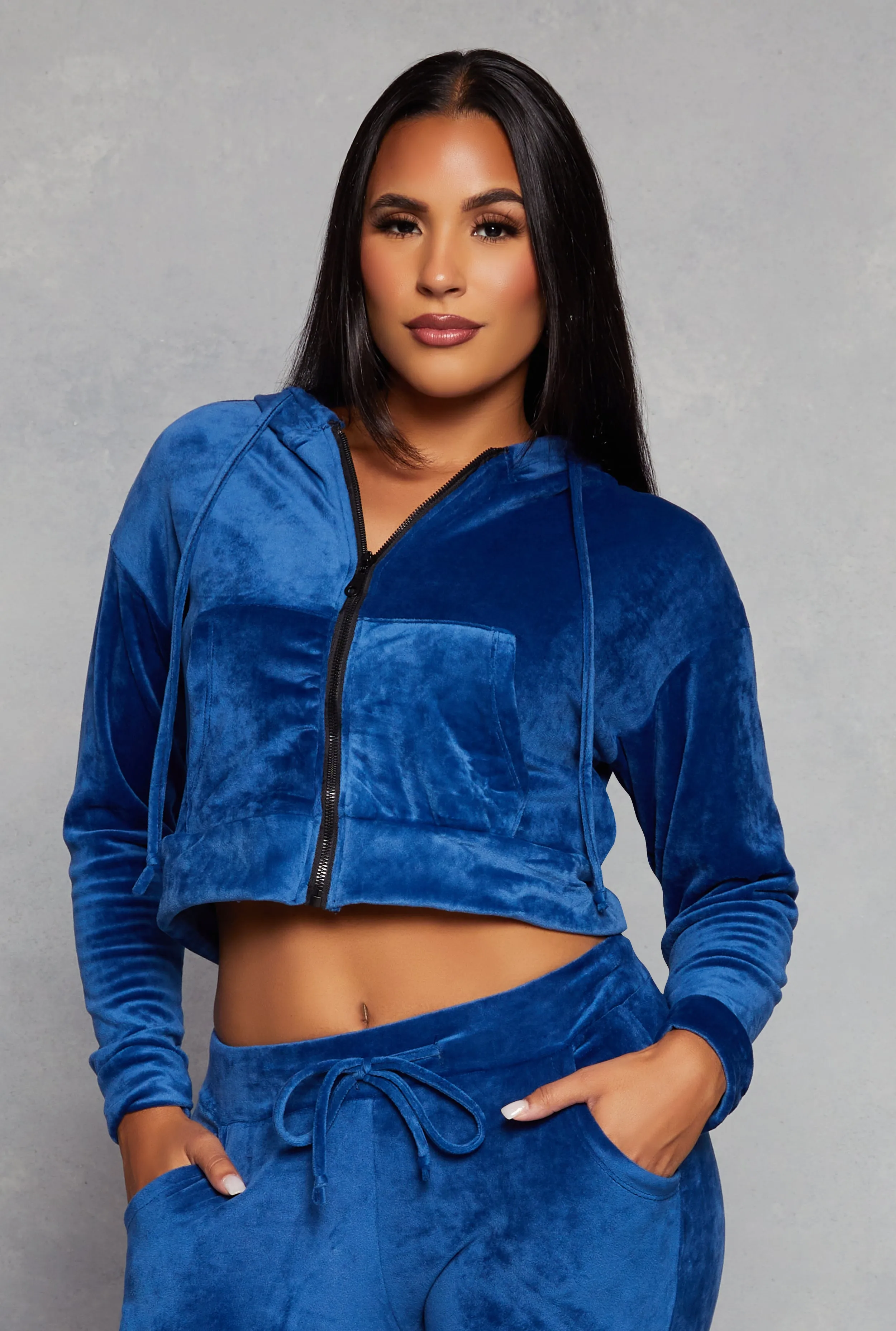Solid Velour Zip Front Cropped Hoodie sold by Rainbow