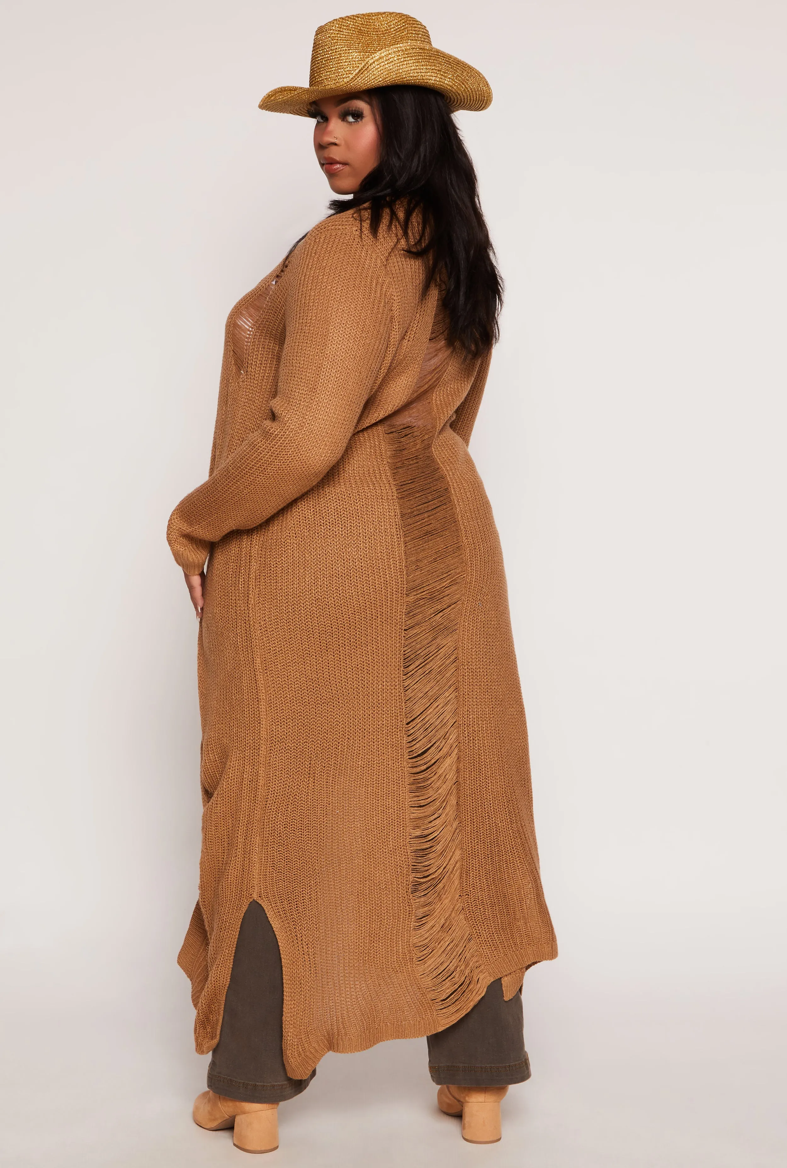 Plus Size Solid Distressed Long Cardigan sold by Rainbow product image thumbnail 3