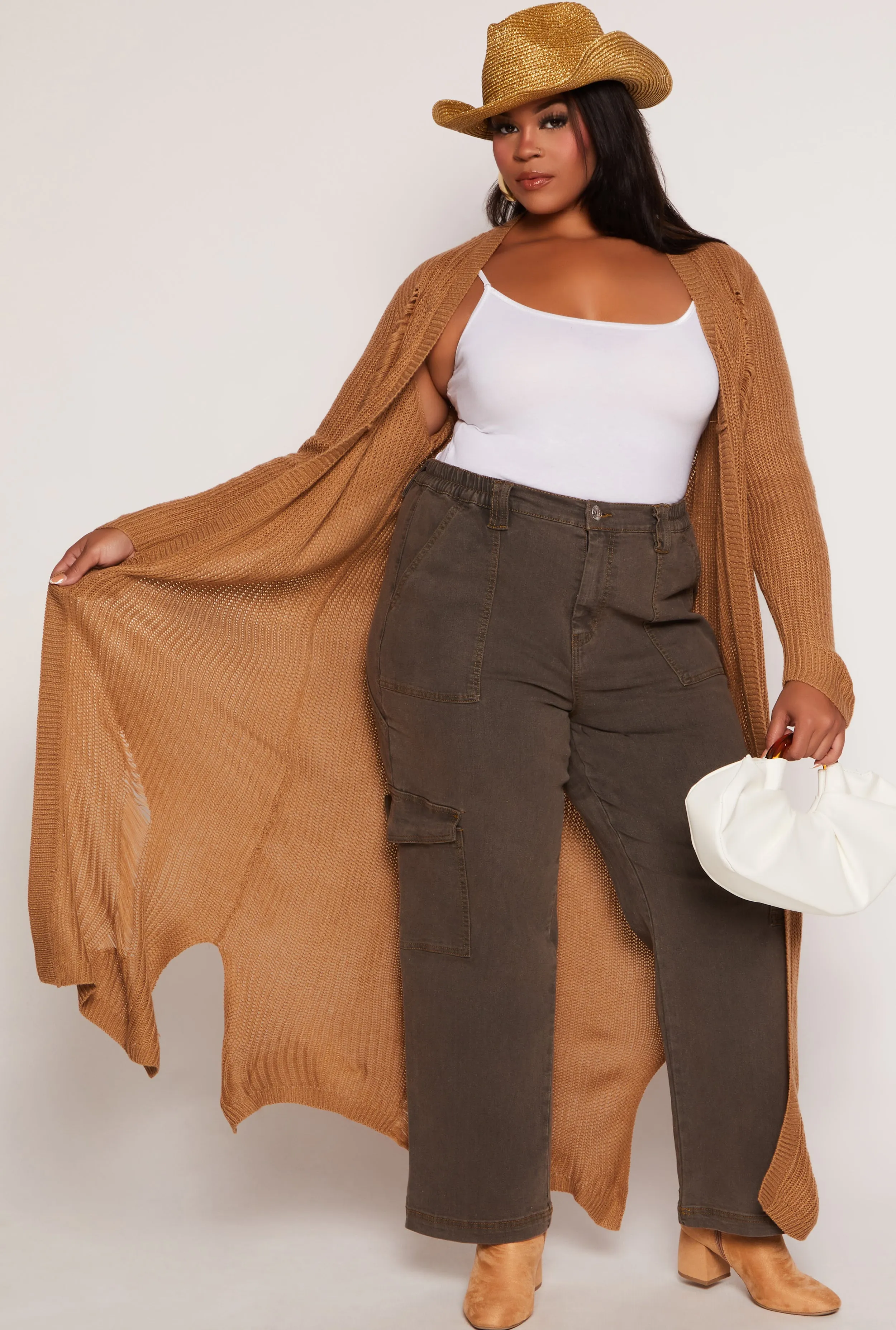 Plus Size Solid Distressed Long Cardigan sold by Rainbow product image thumbnail 2